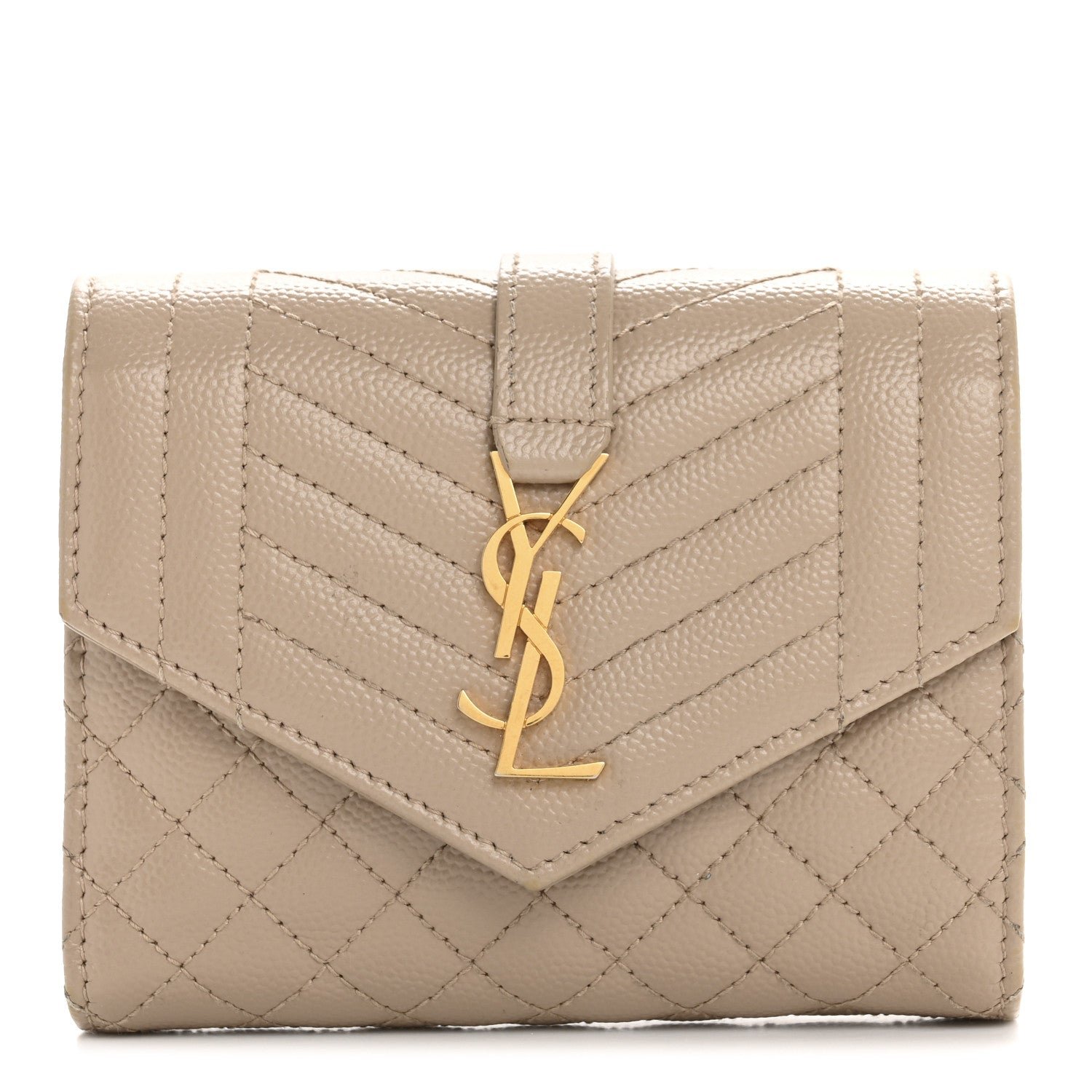 Saint Laurent Grain De Poudre Mixed Matelasse Triquilt Monogram Compact Tri Fold Wallet Dark Beige