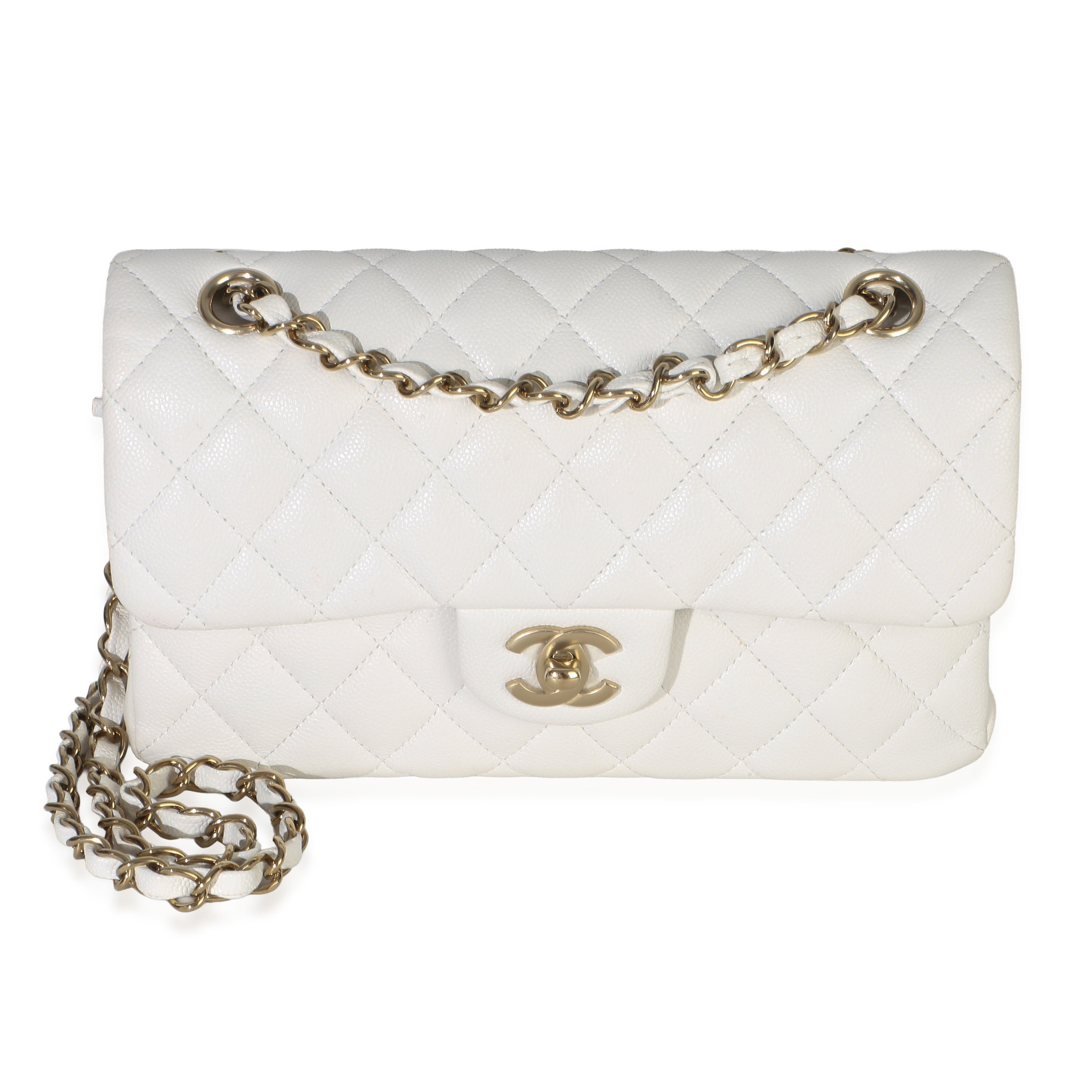 White Quilted Caviar Small Classic Double Flap Bag