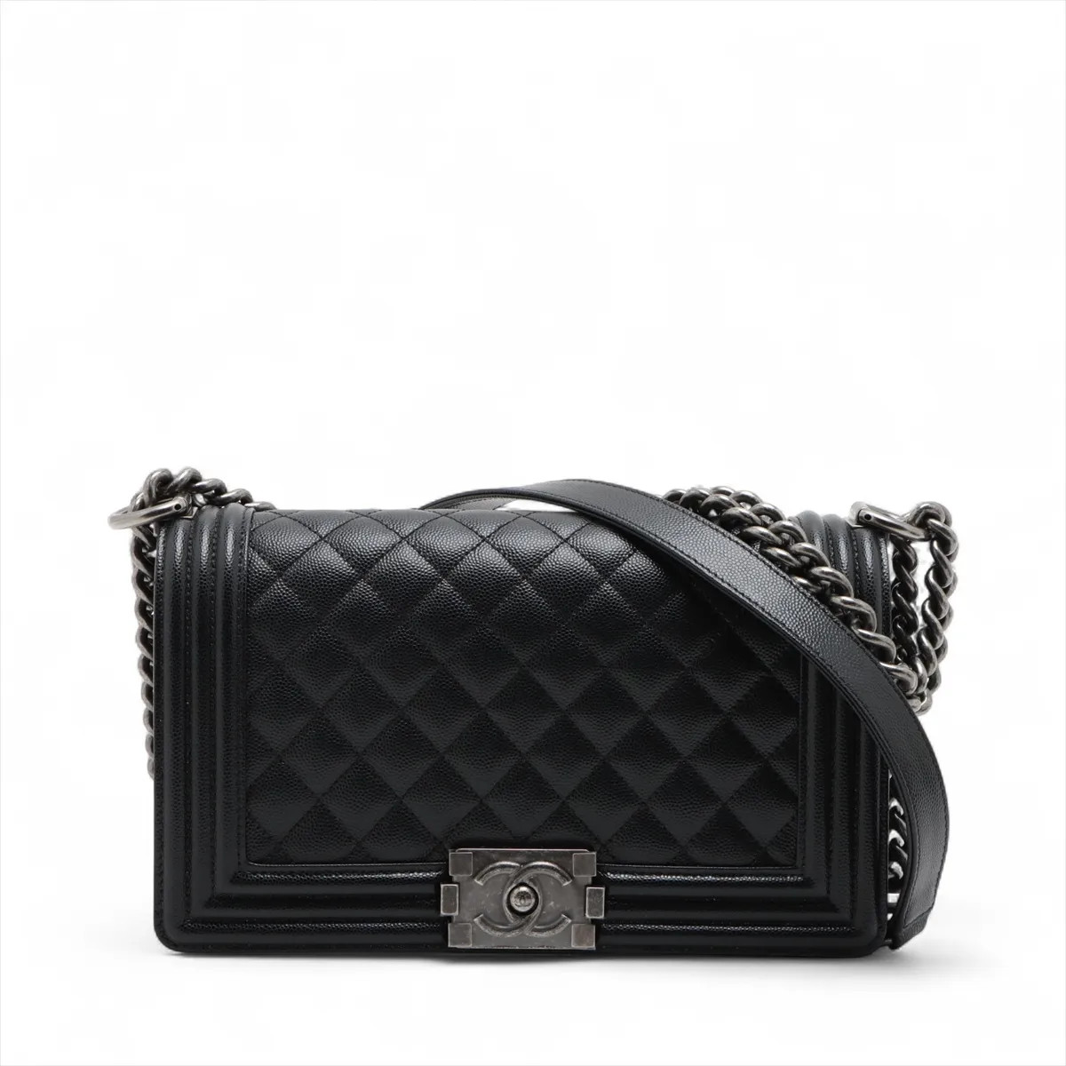 Chanel BOY CHANEL 25 Caviar Skin Chain Shoulder Bag Black Gunmetal Fittings rand