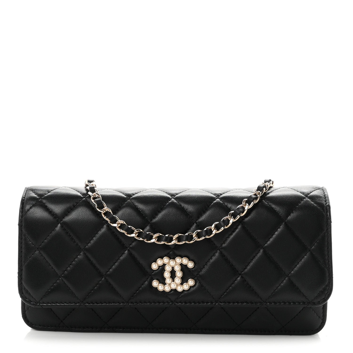 Chanel Lambskin Quilted Pearl CC Flap Clutch Black