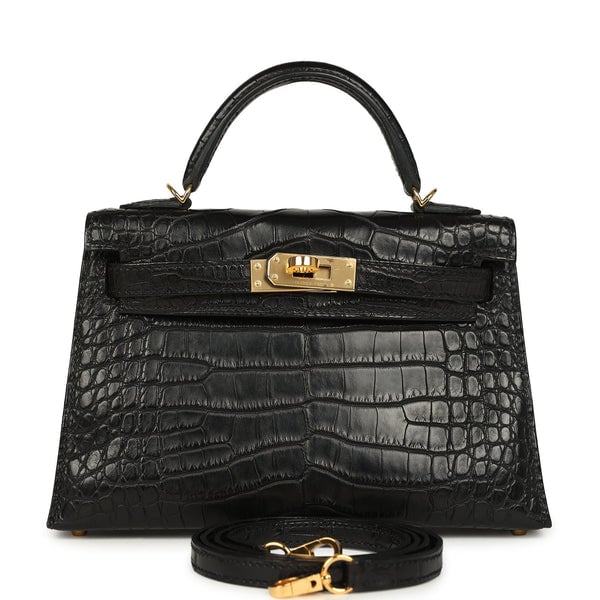 Hermes Pre-owned Hermes Kelly Sellier 20 Black Matte Alligator Gold Hardware