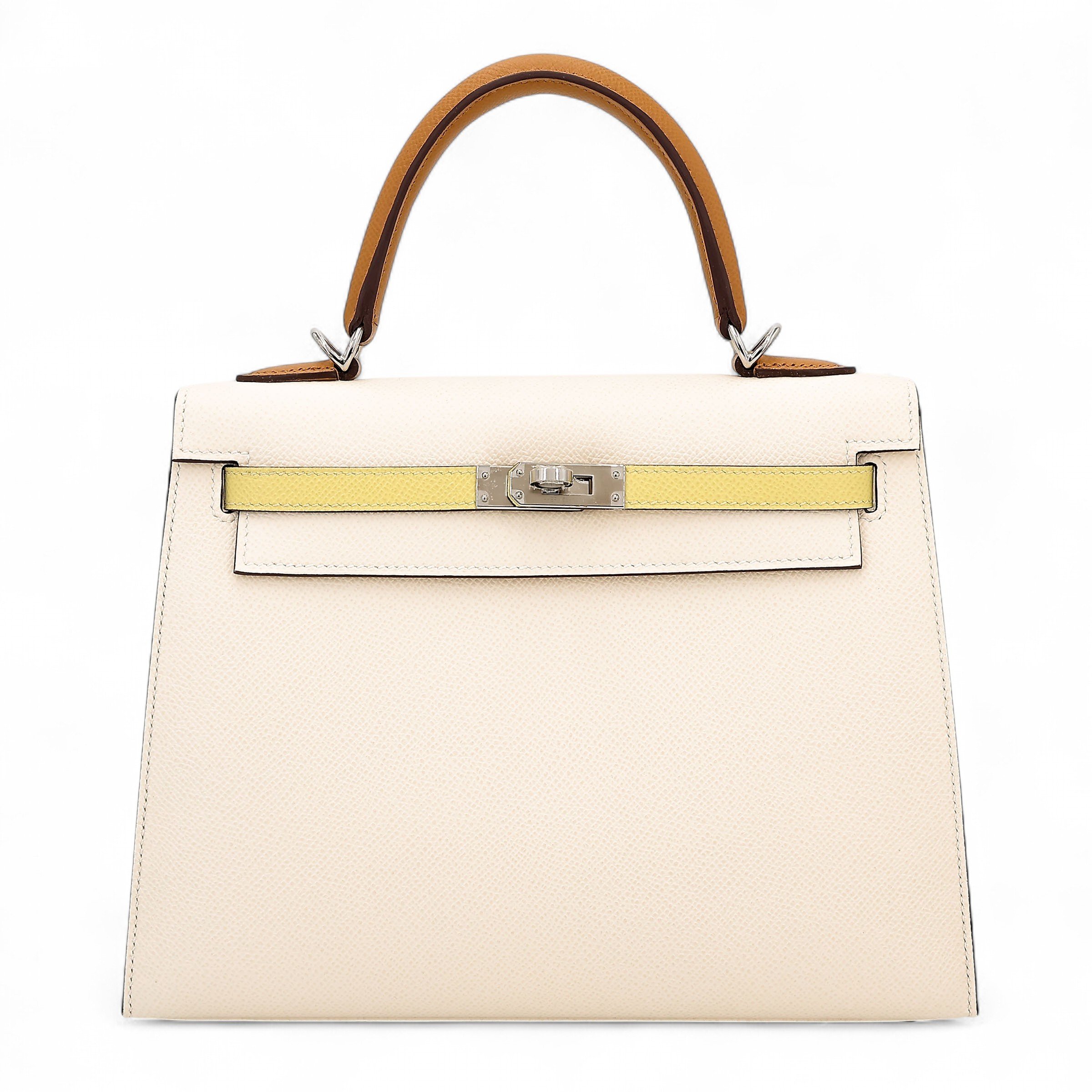 Unused ( Rank NS ) HERMÈS Kelly 25 Sellier Nata (I2) Sesame (2S) Jaune Poussin (1Z) Epsom Palladium hardware Z (2021)