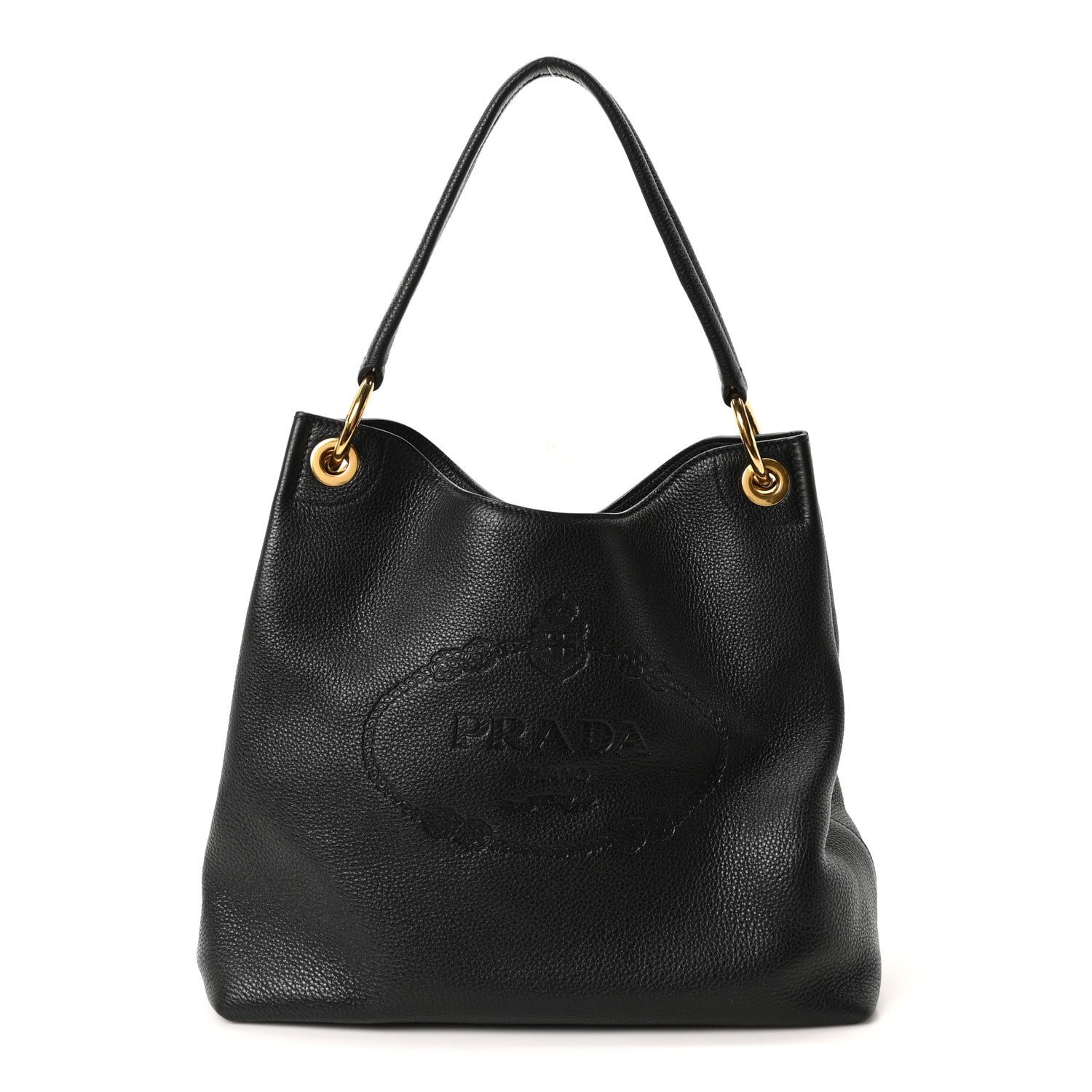 Prada Vitello Phenix Embossed Logo Hobo Black