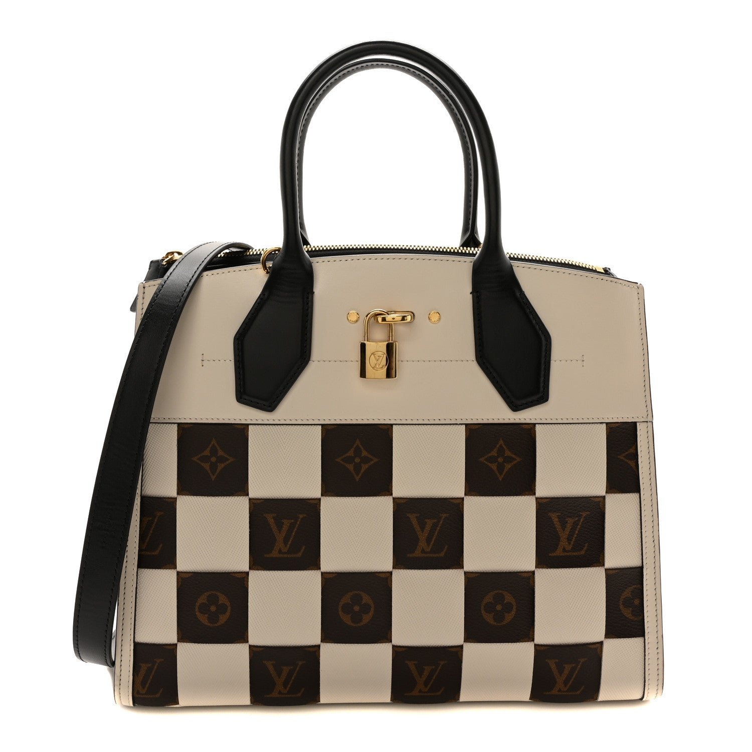 Louis Vuitton Calfskin Monogram Damier Tressage City Steamer MM Creme