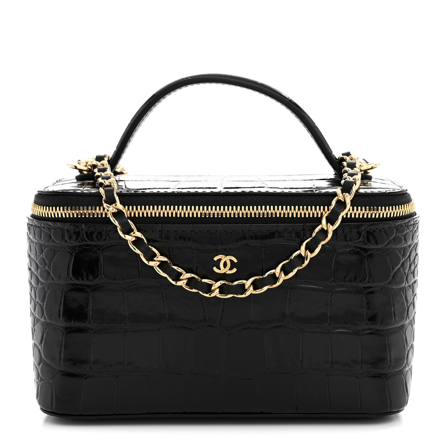 Chanel Calfskin Crocodile Embossed Crococo Small Top Handle Vanity Case With Chain Black