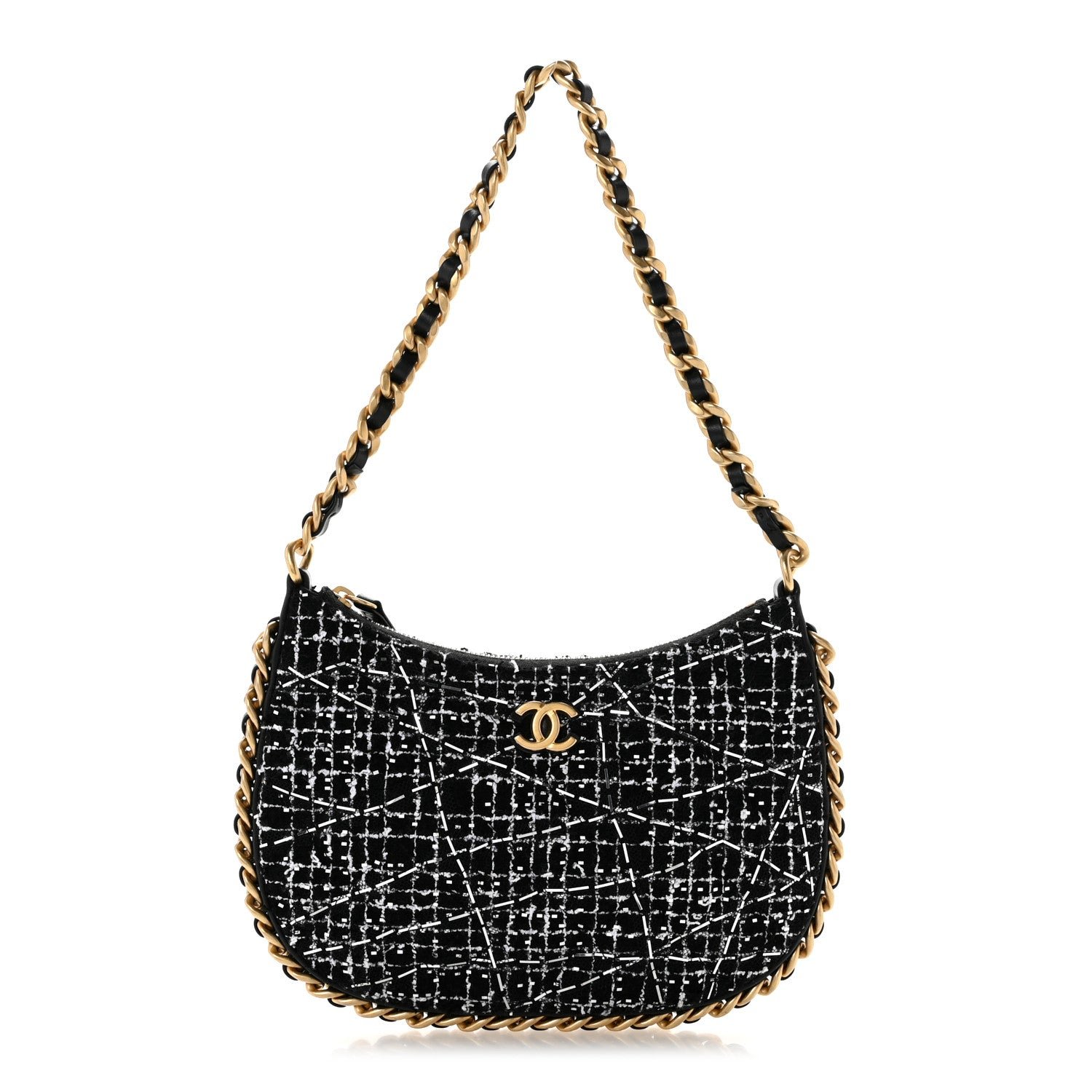 Chanel Tweed Sequin Quilted Trendy Chain Around Hobo Black White
