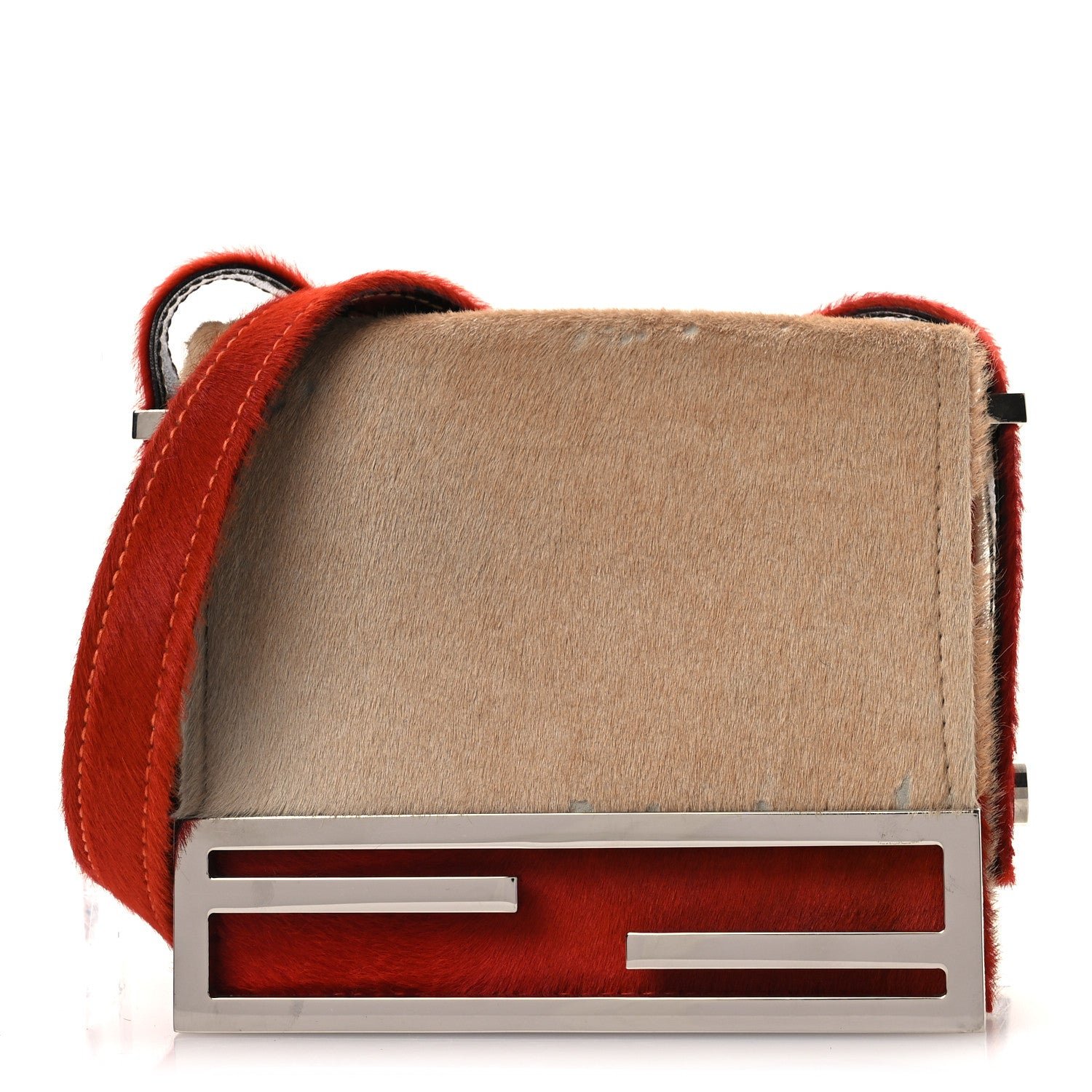 Fendi Fendi Calf Hair Bicolor Mini Front Buckle Shoulder Bag Light Brown Orange