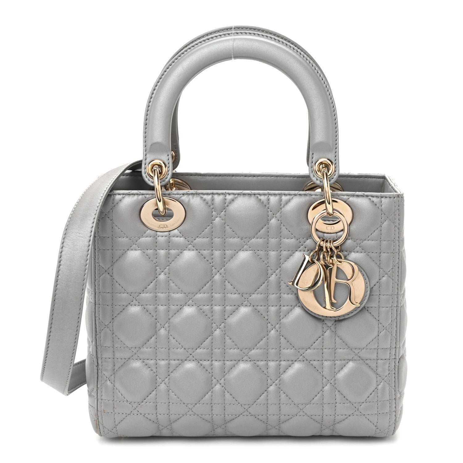 Christian Dior Pearly Lambskin Cannage Medium Lady Dior Grey