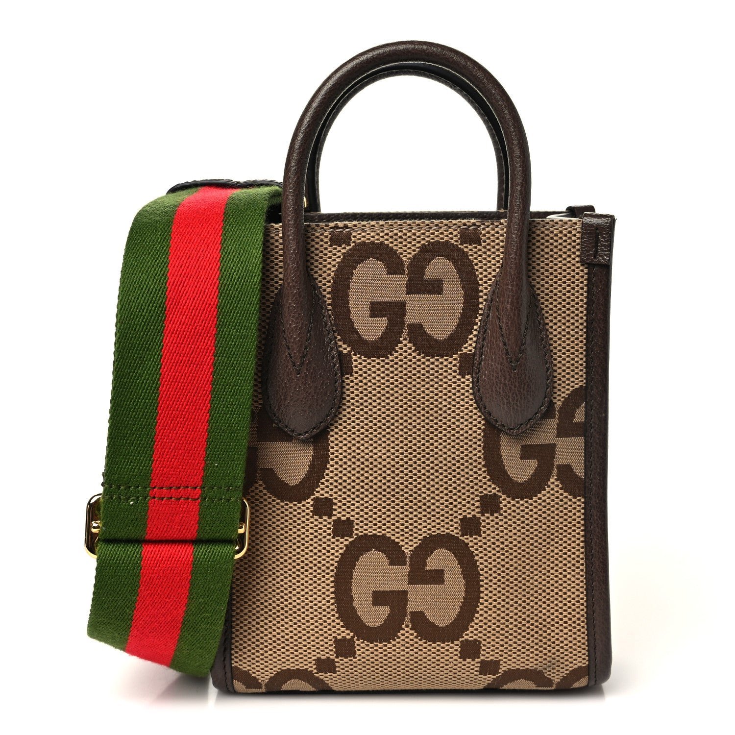 Gucci Monogram Jumbo GG Textured Dollar Calfskin Web Mini Vertical Tote Camel Ebony New Acero