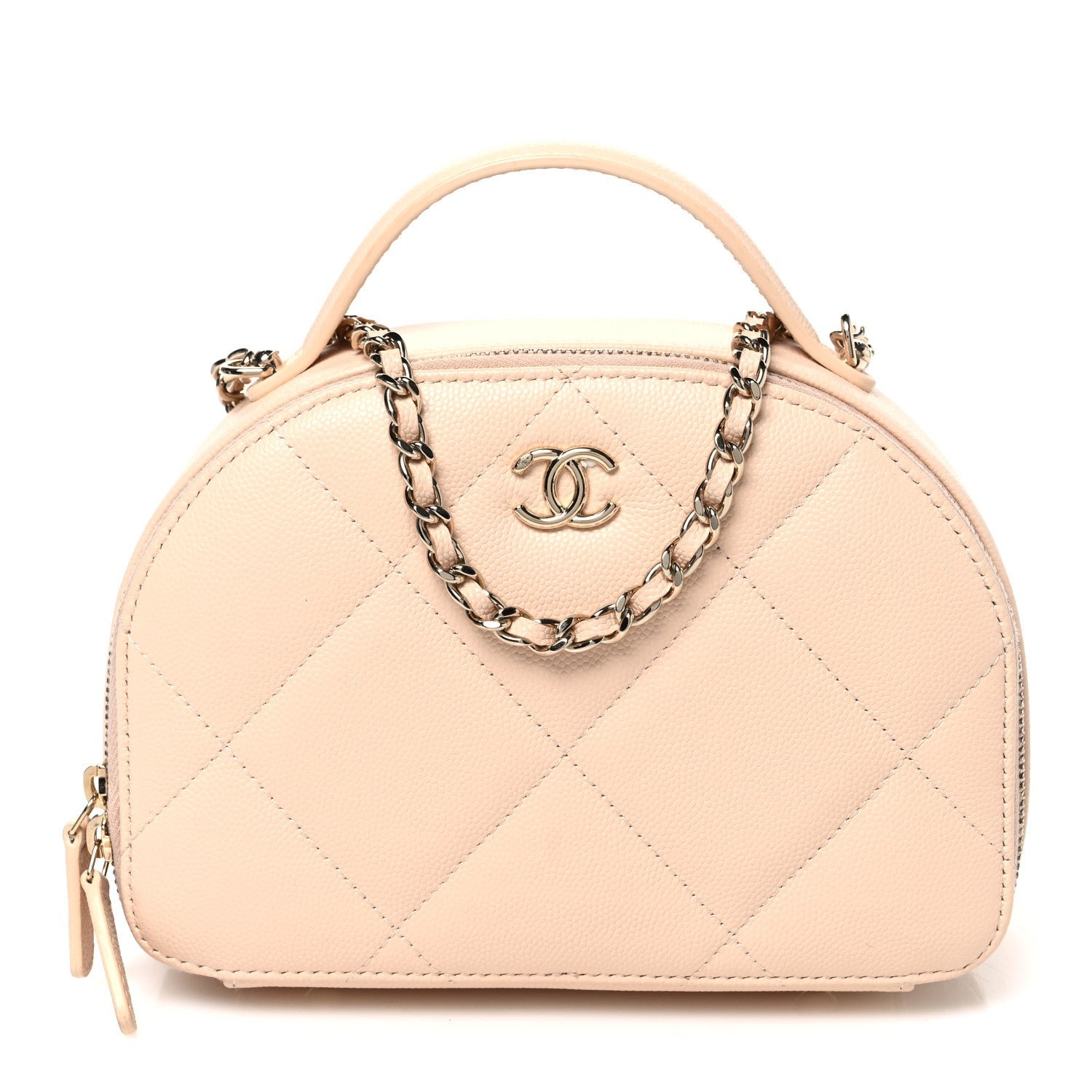 Chanel Grained Calfskin Quilted Top Handle Chain Clutch Beige