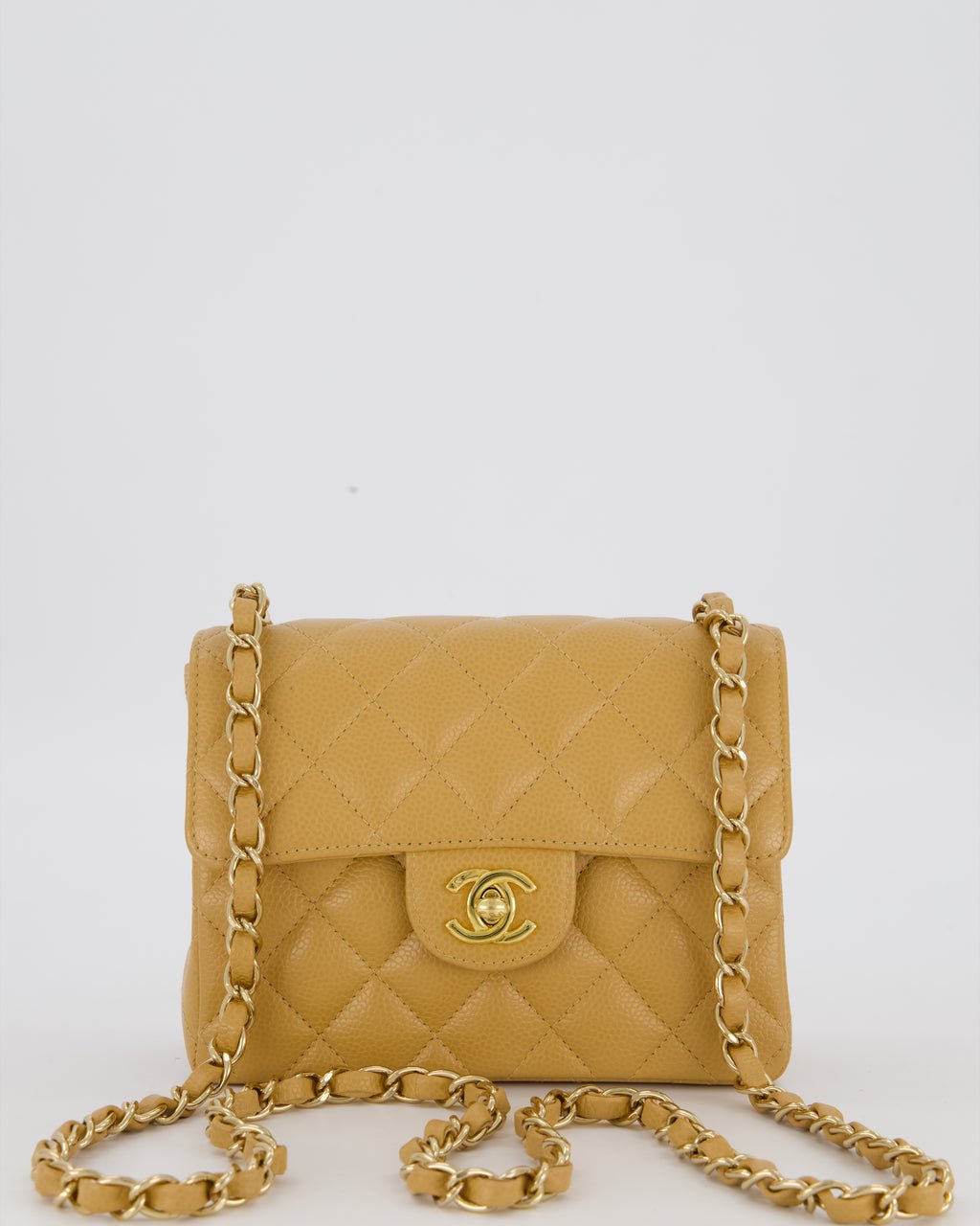 Chanel Beige Claire Vintage Mini Square Single Flap Bag In Caviar Leather With 24K Gold Hardware