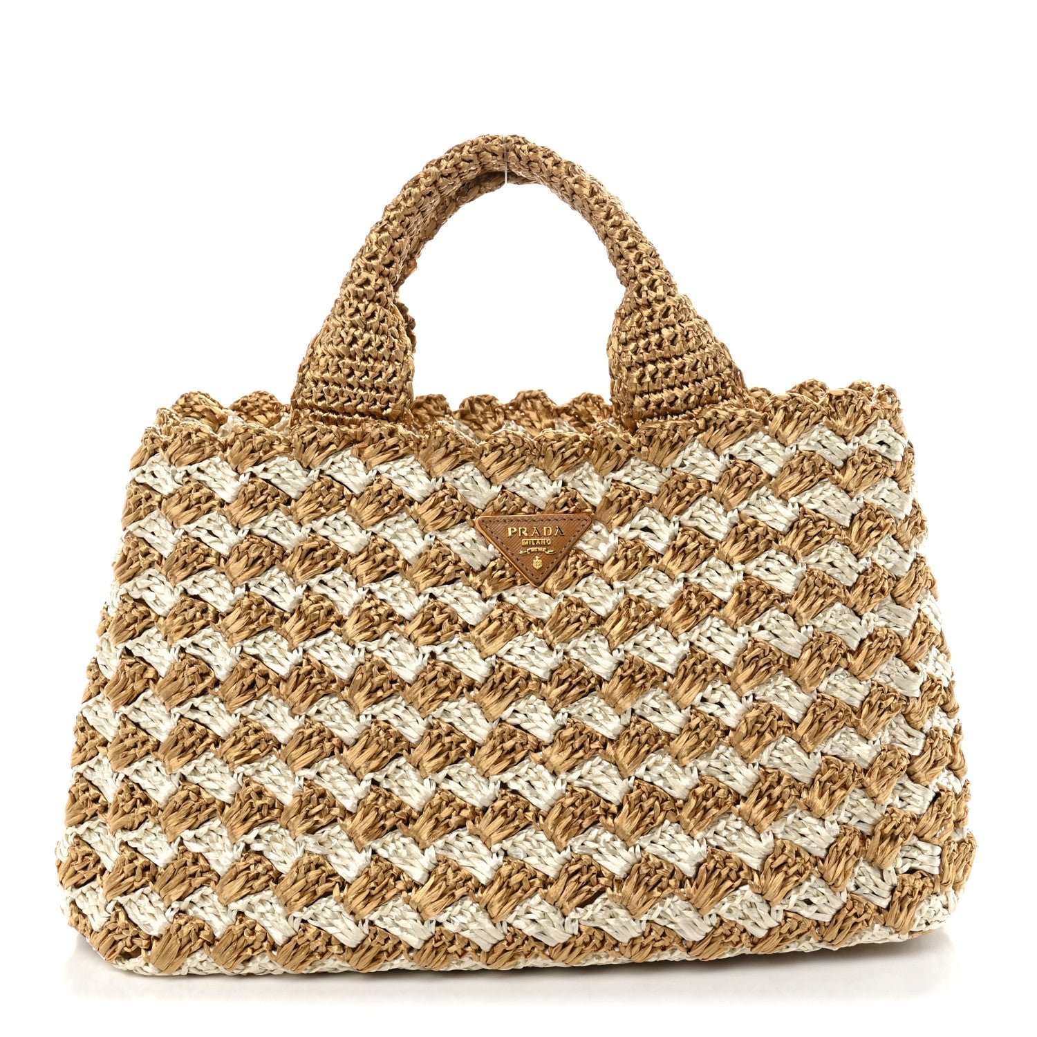 Prada Prada Raffia Crochet Bi-Color Medium Tote Naturale Talco