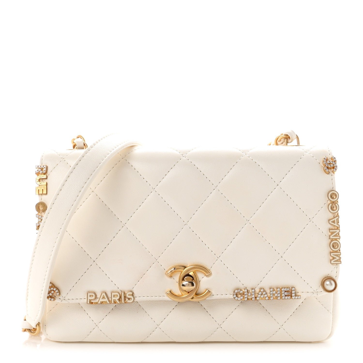 Chanel Lambskin Enamel Strass Quilted Mini Paris Monaco Flap White