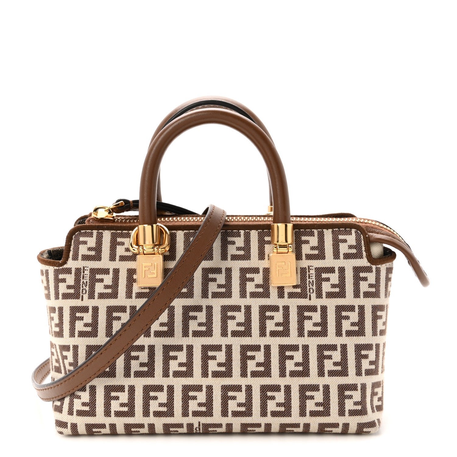 Fendi Vitello Grace Jacquard FF Mini By The Way Top Handle Boston Bag  Gianduia Panna