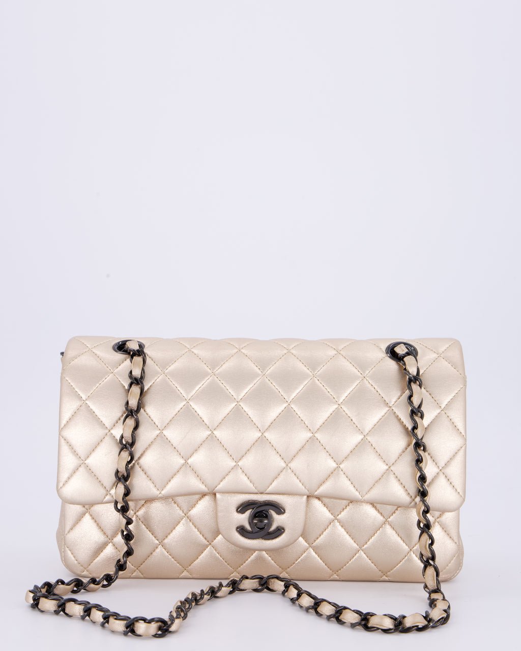 *RARE* Chanel Metallic Gold Medium Classic Double Flap Bag in Lambskin Leather with So Black Hardware&nbsp;
