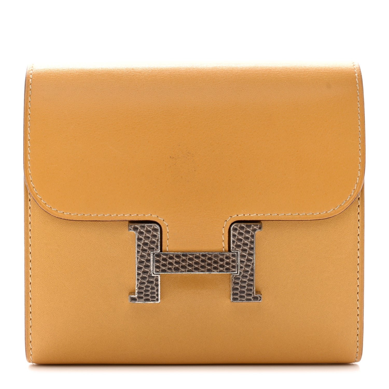 Hermes Tadelakt Lizard Constance Short Wallet Paille Ficelle