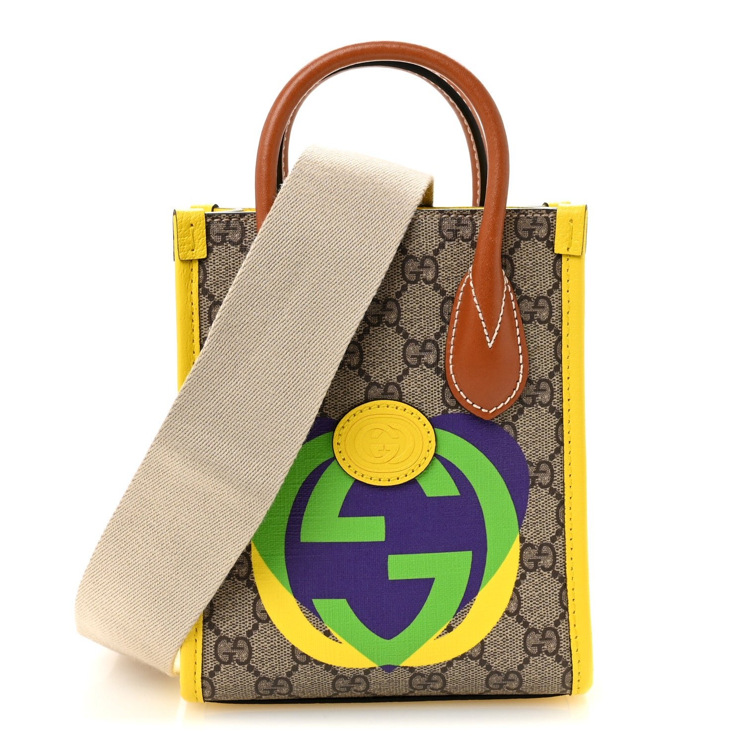 Gucci GG Supreme Monogram Textured Dollar Calfskin Heart Interlocking G Mini Vertical Tote Beige Ebony Harness Brown Yellow