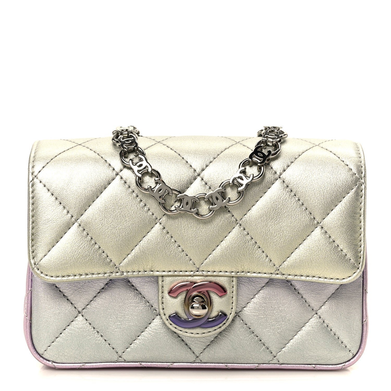 Chanel Gradient Metallic Calfskin Quilted Clutch Silver Blue Yellow Purple