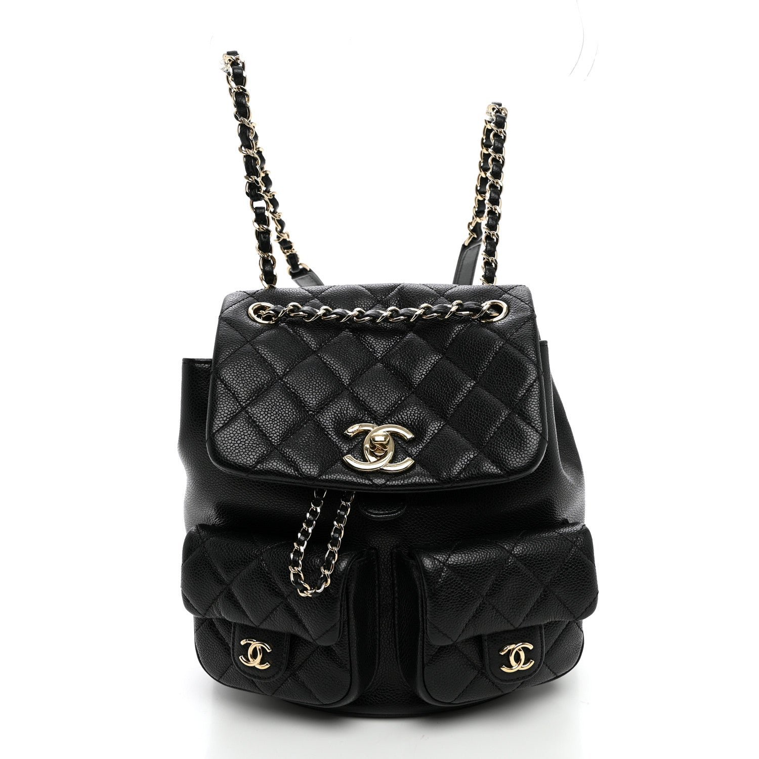 Chanel Shiny Caviar Quilted Small Duma Pockets Drawstring Backpack Black