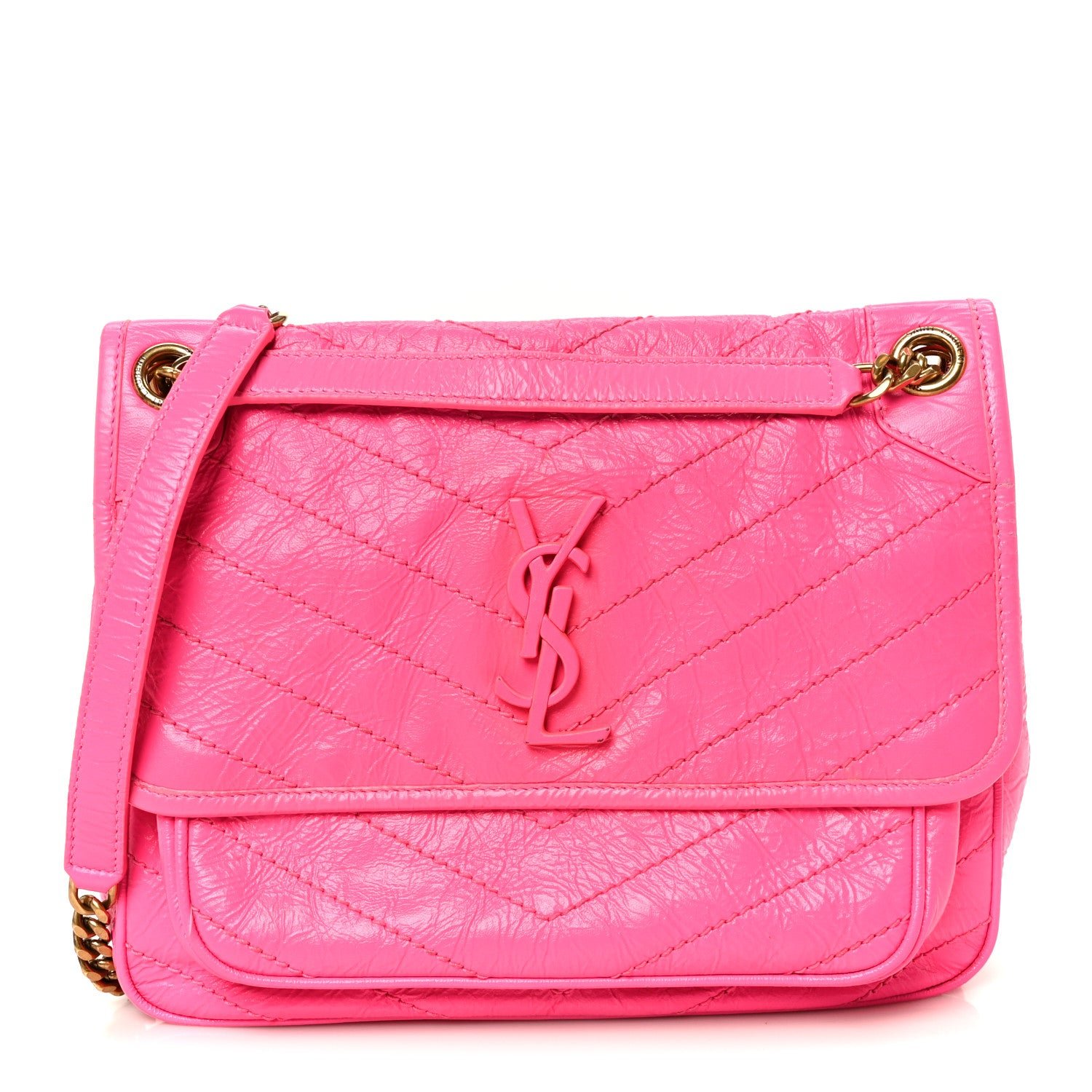 Saint Laurent Crinkled Calfskin Matelasse Monogram Medium Niki Chain Satchel Rose Glow