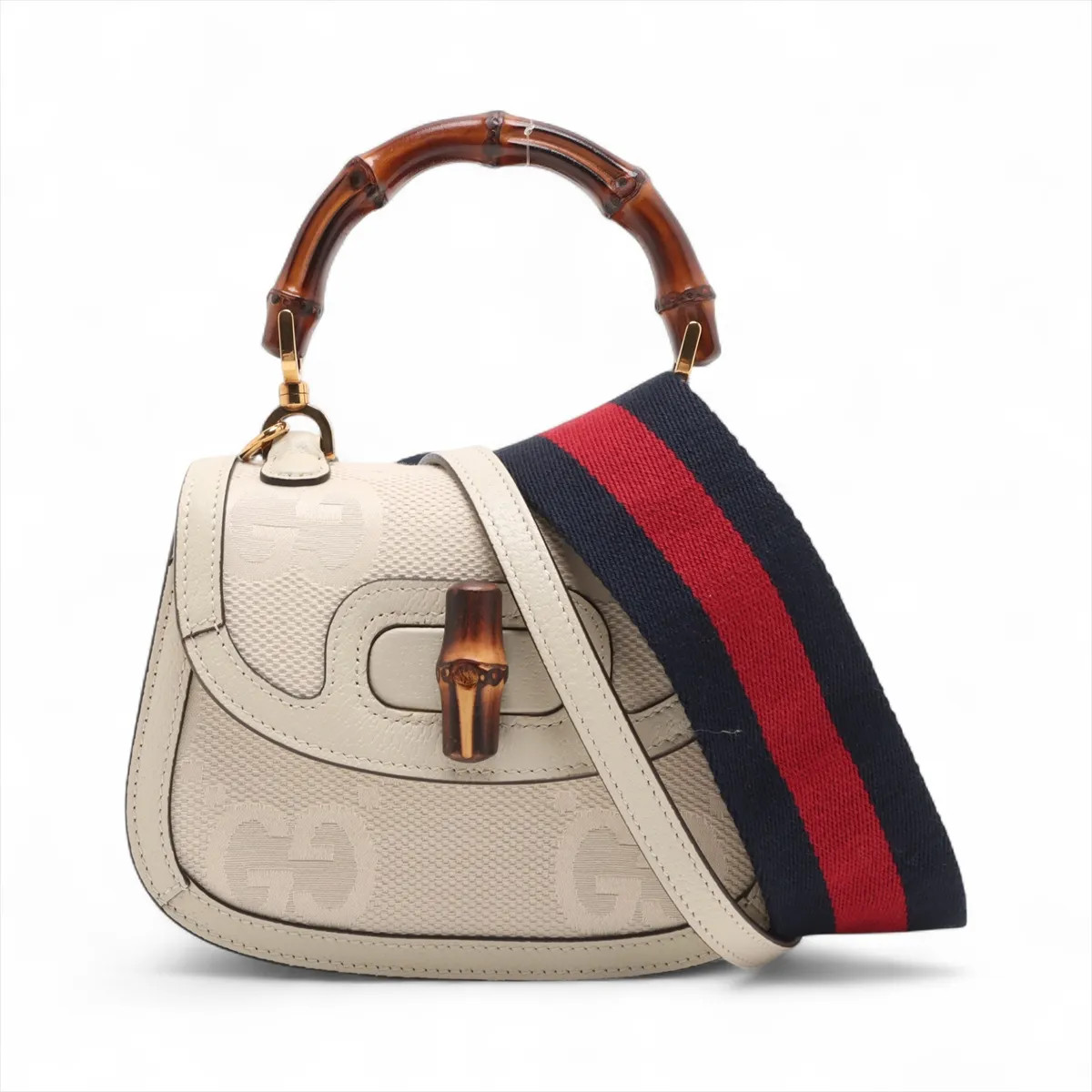 Gucci Jumbo GG Bamboo Canvas & Leather 2 Way Handbag Beige 686864