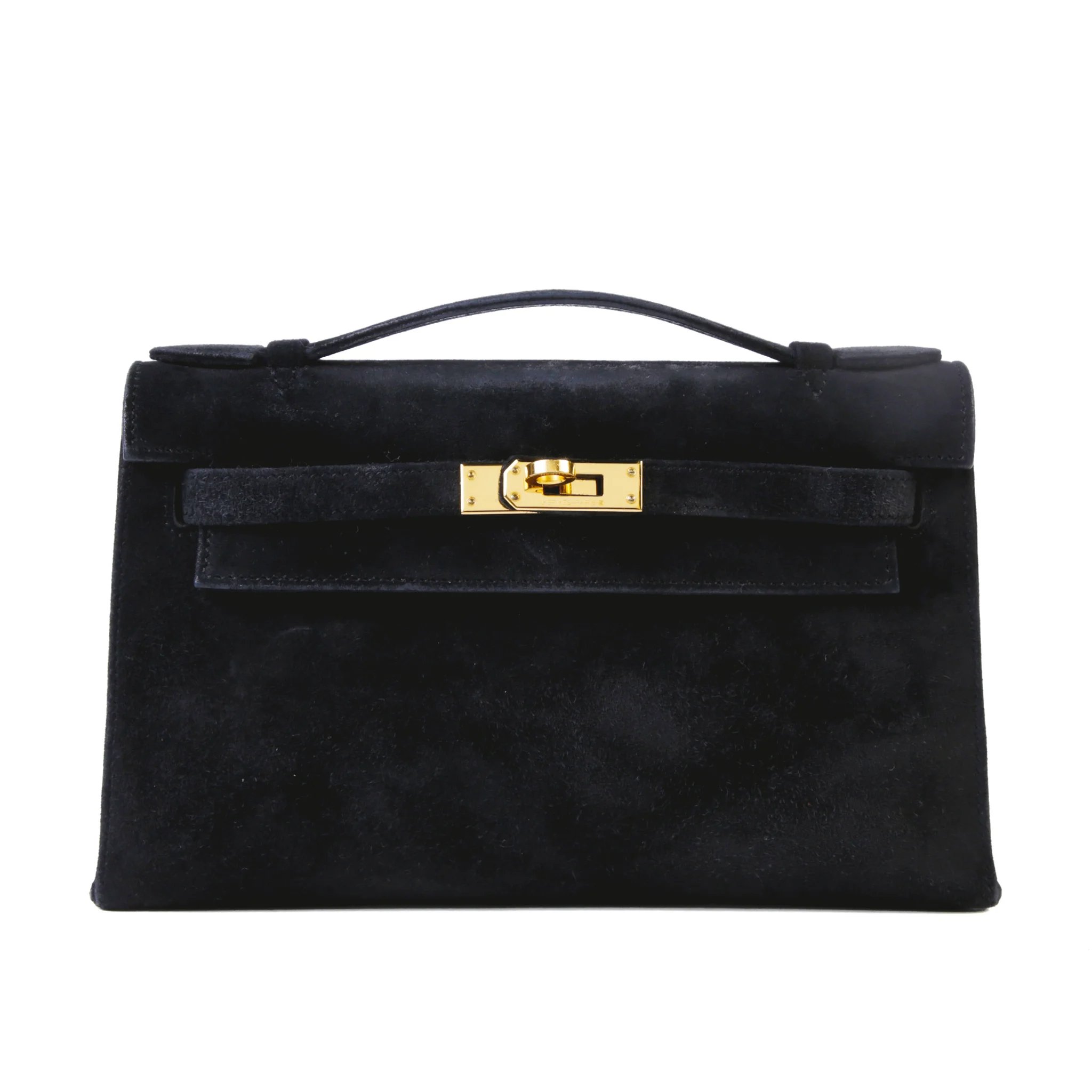 Good ( Rank AB) HERMÈS Kelly Pochette Noir (89) Doblis Suede Gold hardware Square H (2004)