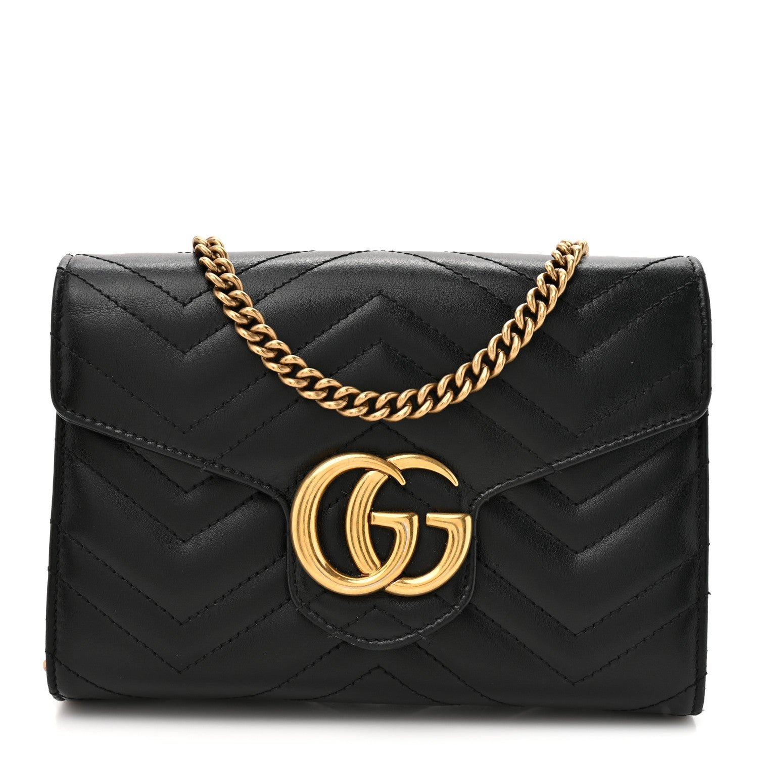Gucci Calfskin Matelasse GG Marmont Chain Wallet Black