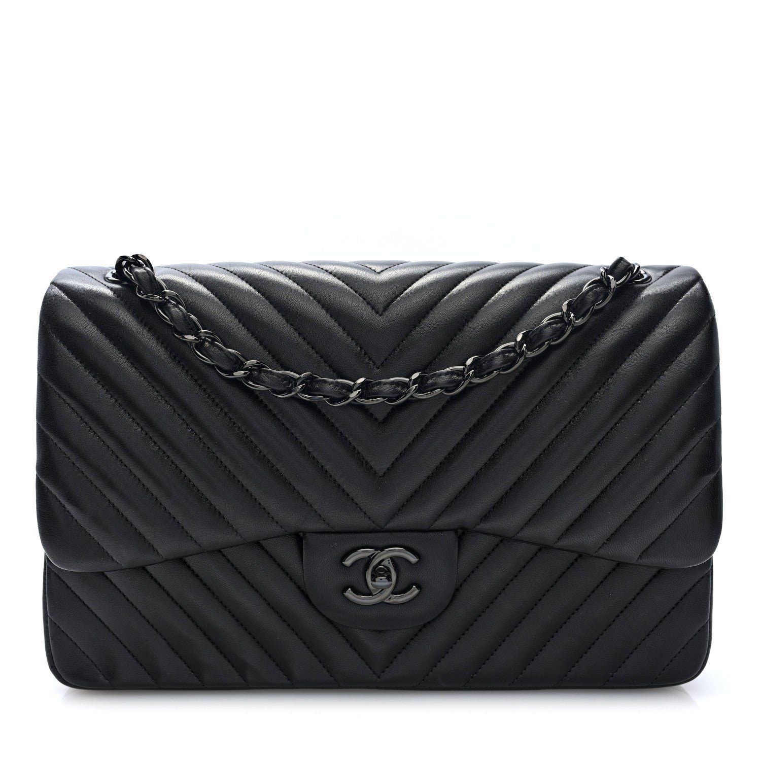 Chanel Lambskin Chevron Quilted Jumbo Double Flap  So Black