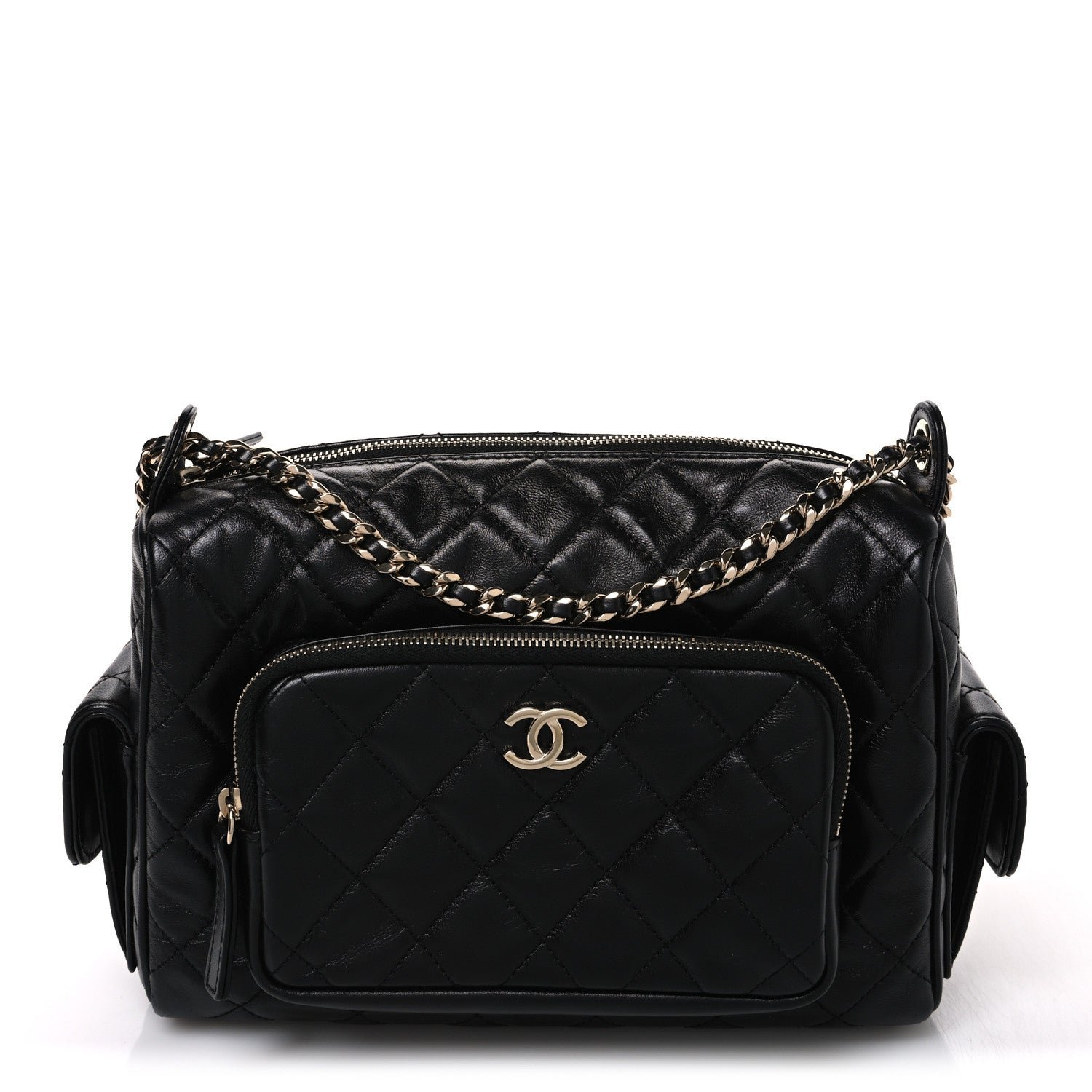 Chanel Shiny Crumpled Lambskin Quilted Medium Preppy Pocket Camera Case Black