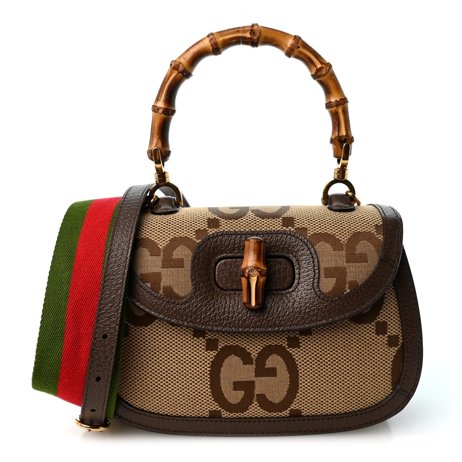 Gucci Monogram Jumbo GG Textured Dollar Calfskin Web Small Bamboo 1947 Top Handle Bag Camel Ebony New Acero