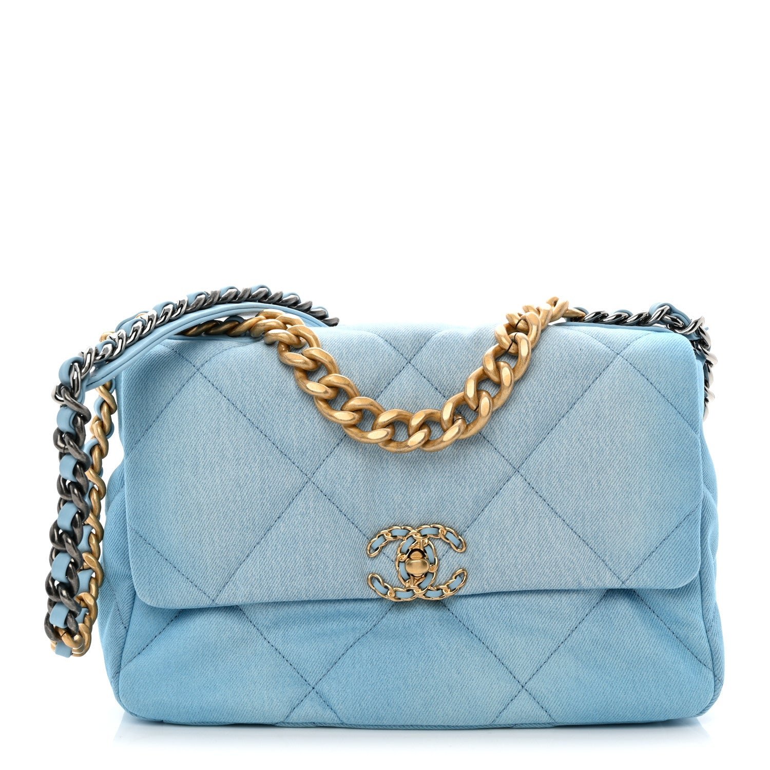 Chanel Ombre Denim Quilted Large Chanel 19 Flap Light Blue