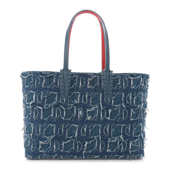 Christian Louboutin Denim Embroidered Spikes East West Cabata Tote Blue