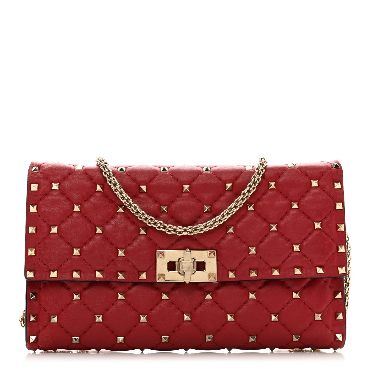 Valentino Garavani Lambskin Rockstud Spike Wallet on Chain Red