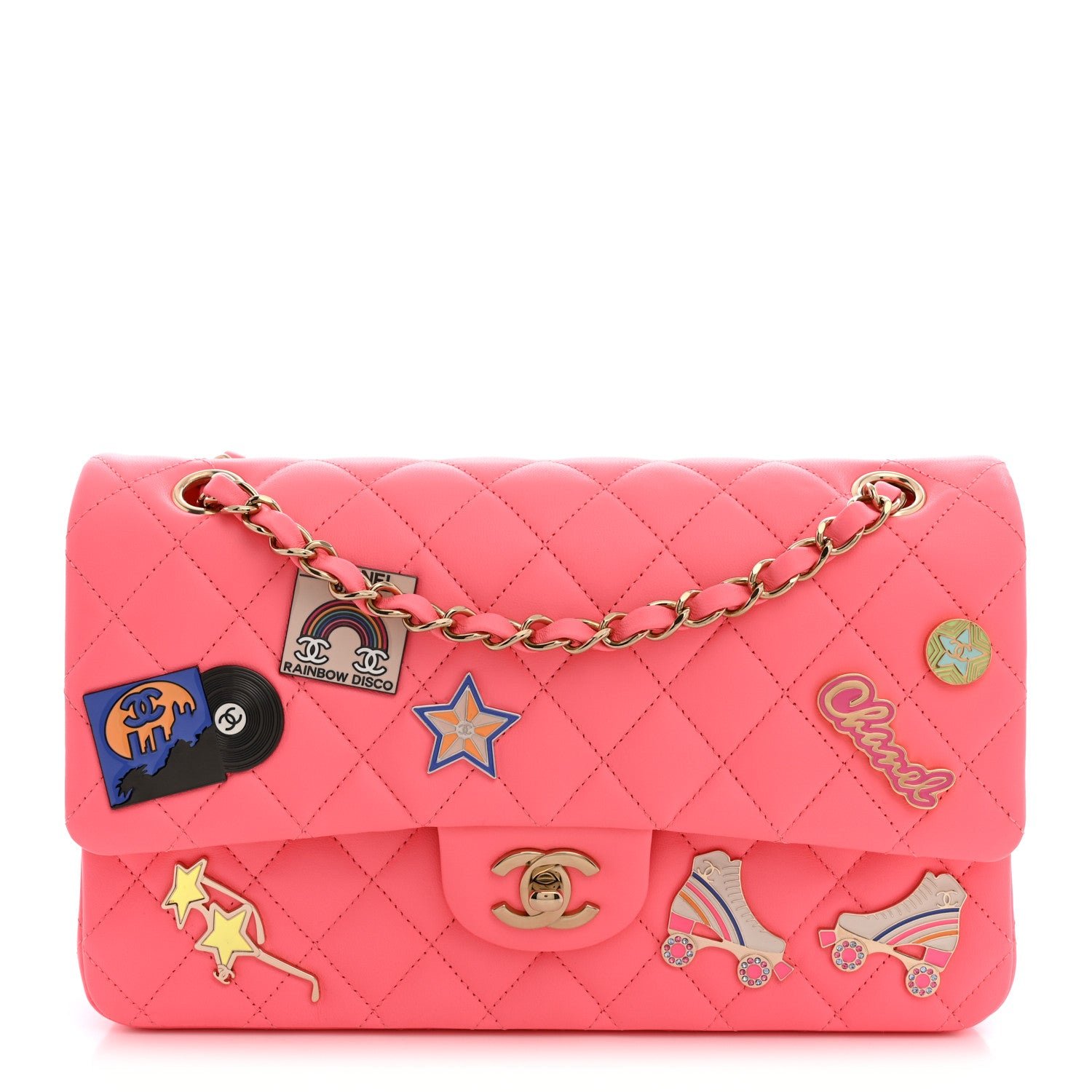 Chanel Lambskin Quilted Medium Hollywood Charms Double Flap Coral Pink