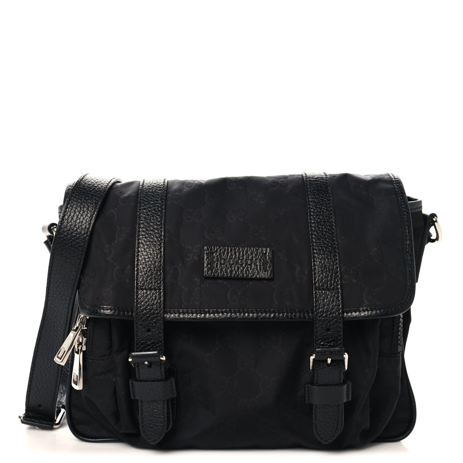 Gucci Nylon Monogram Double Buckle Flap Messenger Bag Black