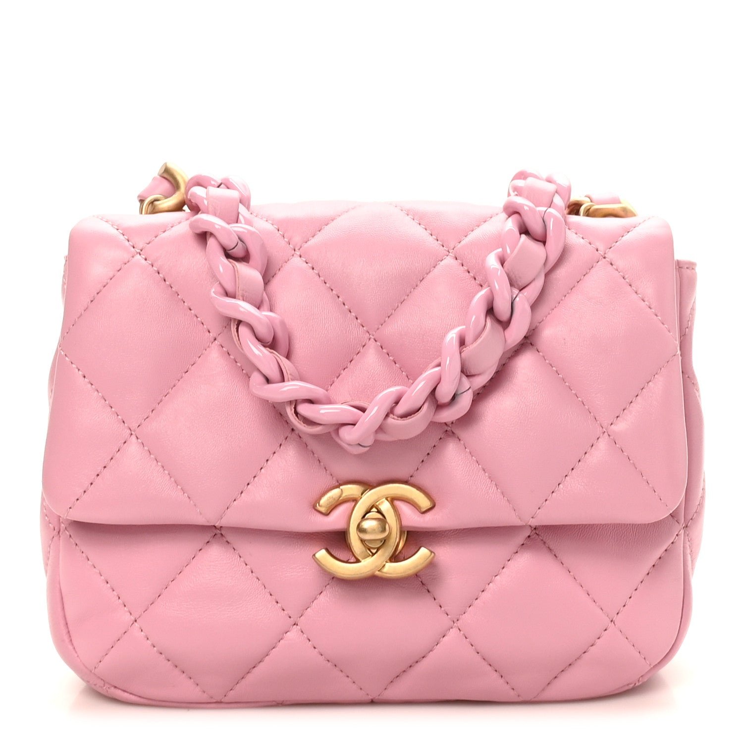 Chanel Lambskin Quilted Mini Lacquered Chain Flap Pink
