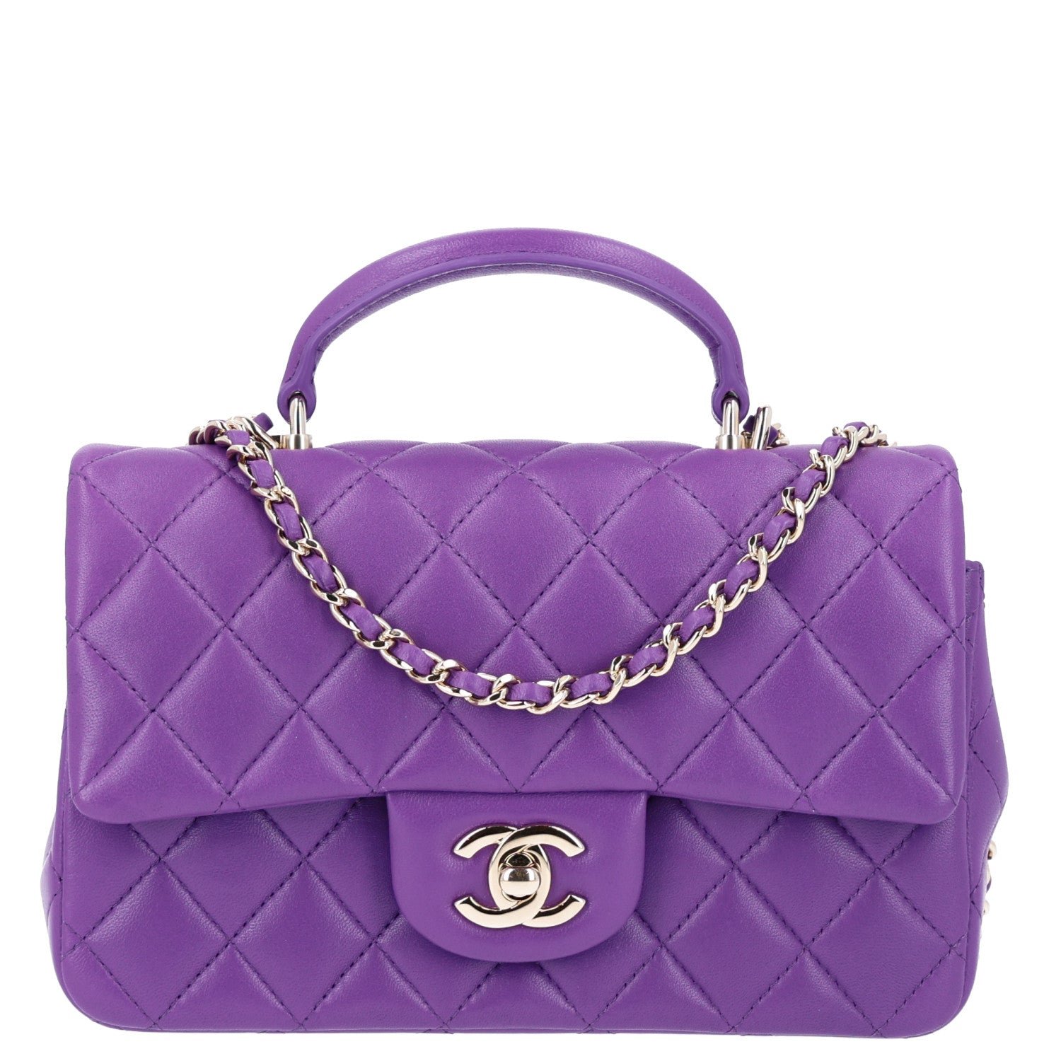 Chanel Lambskin Quilted Mini Top Handle Rectangular Flap Dark Purple