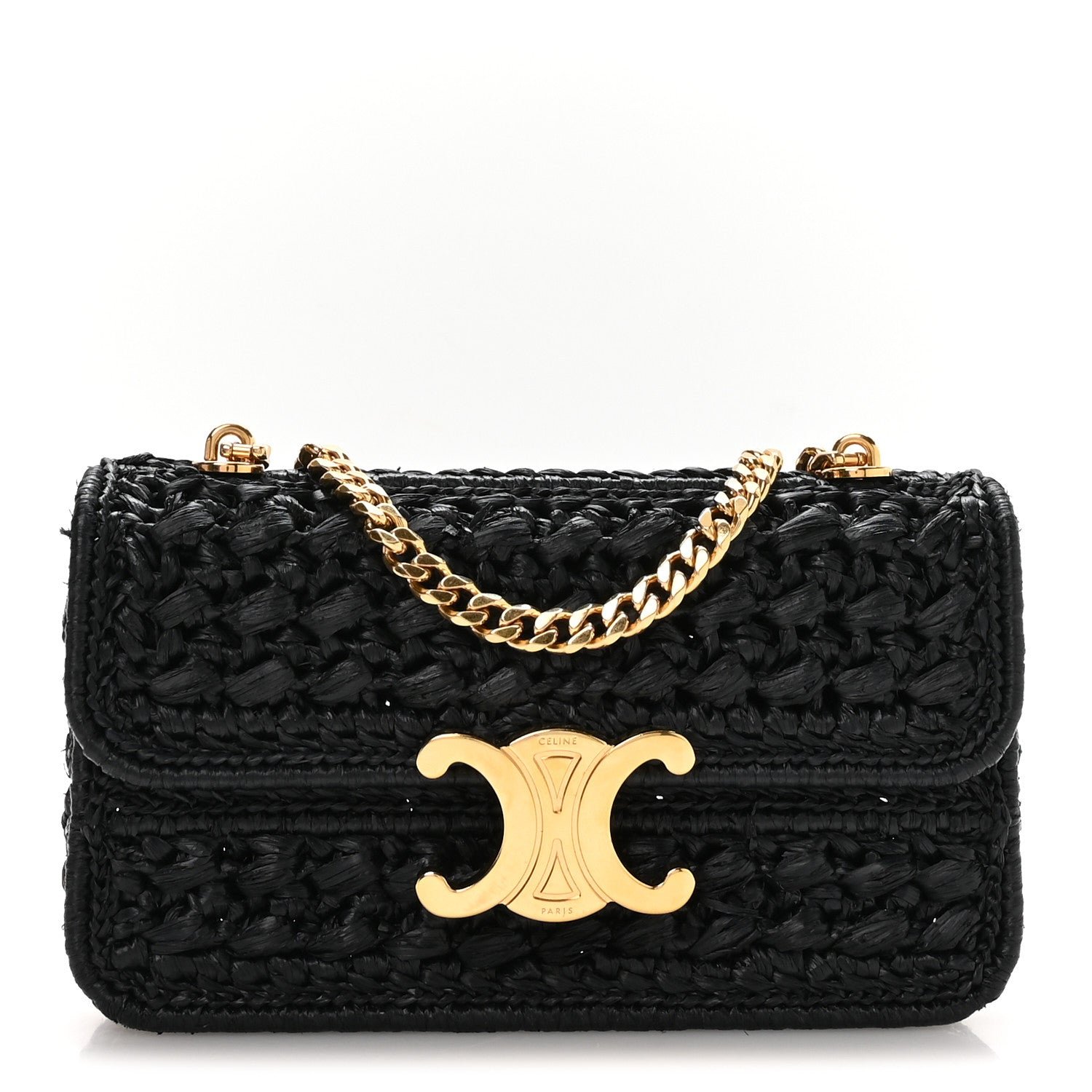 Celine Raffia Effect Claude Chain Shoulder Bag Black