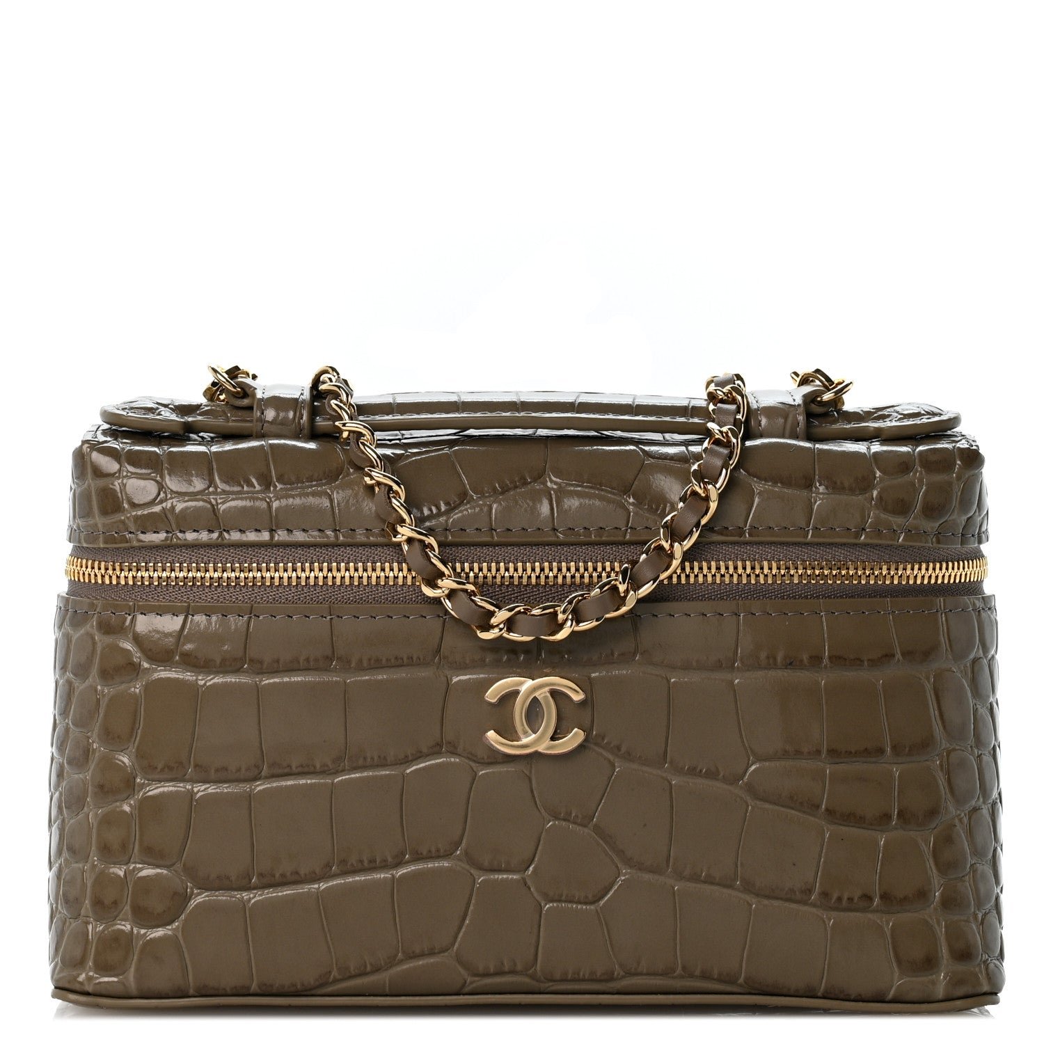 Chanel Calfskin Crocodile Embossed Top Handle Trapeze Small Vanity Case With Chain  Dark Khaki