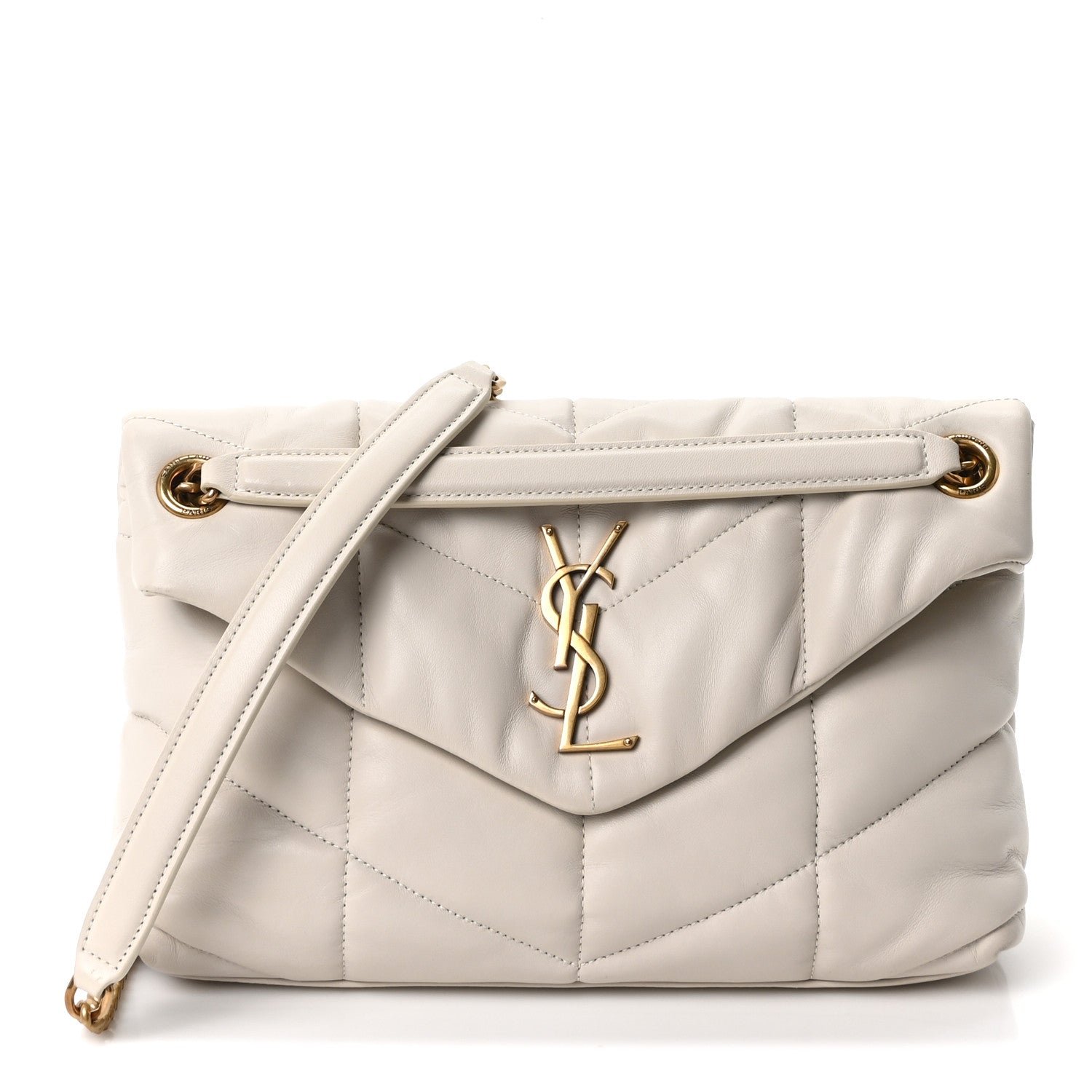 Saint Laurent Lambskin Quilted Small Loulou Puffer Monogram Chain Satchel Blanc Vintage