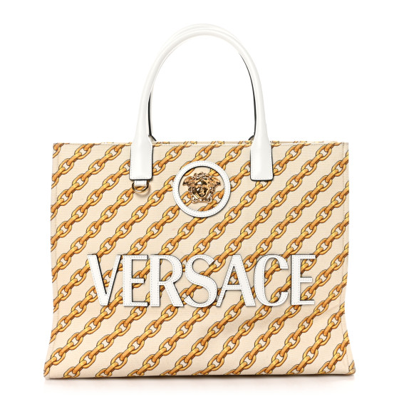 Versace Canvas Chain Print Large Medusa Tote Gold