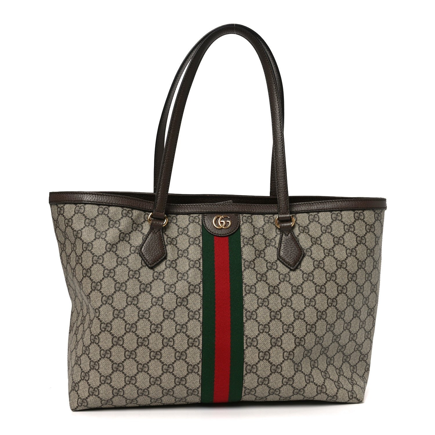 Gucci GG Supreme Monogram Textured Calfskin Web Medium Ophidia Shopping Tote Beige Ebony New Acero