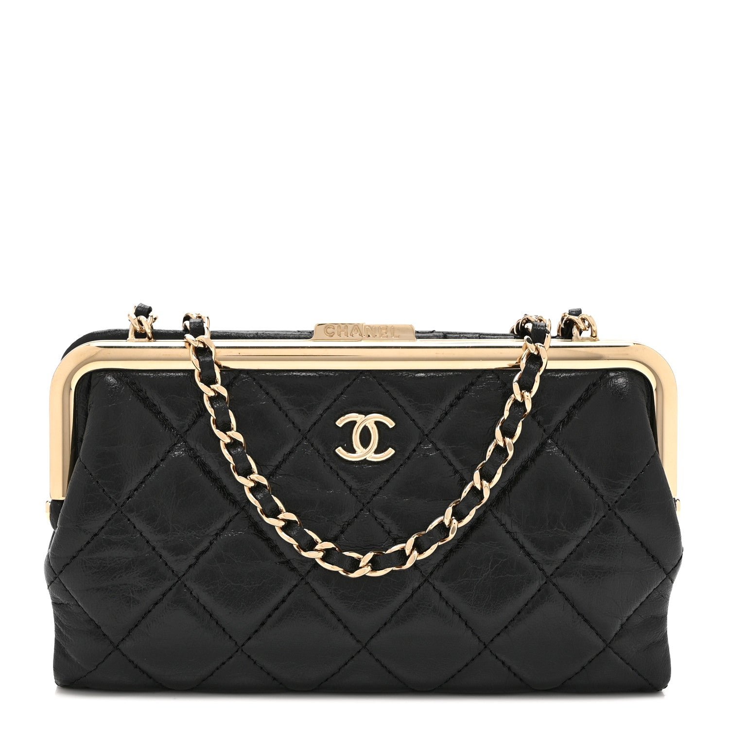 Chanel Lambskin Quilted Frame Clutch With Chain Black