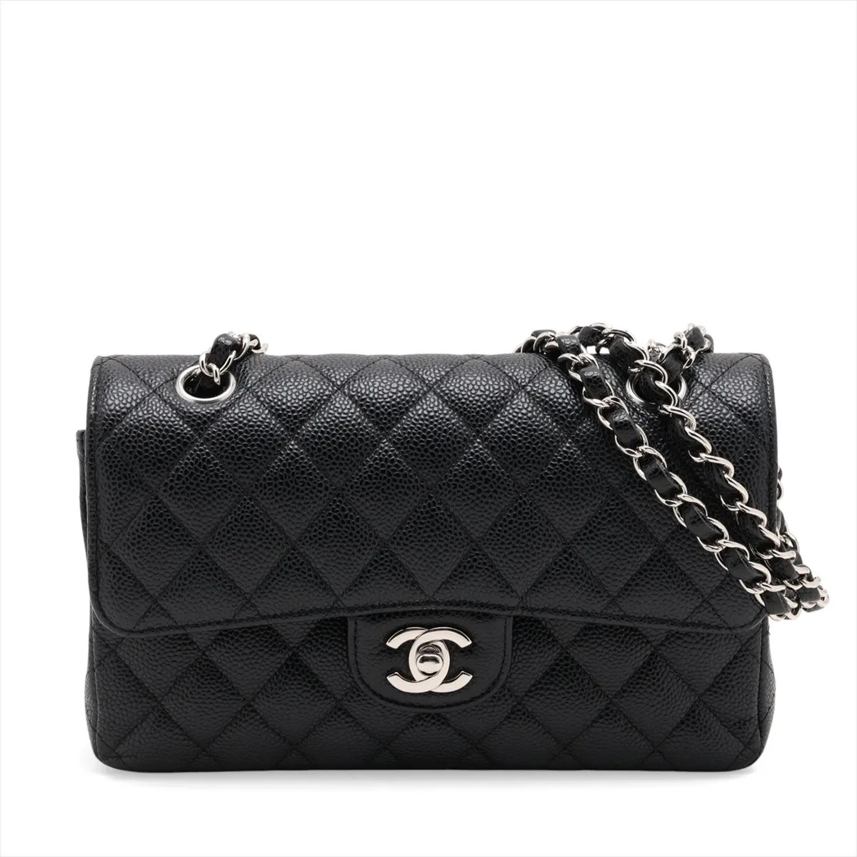 Chanel Matelasse 23 Small Caviar Skin Double Flap Double Chain Bag Black Silver