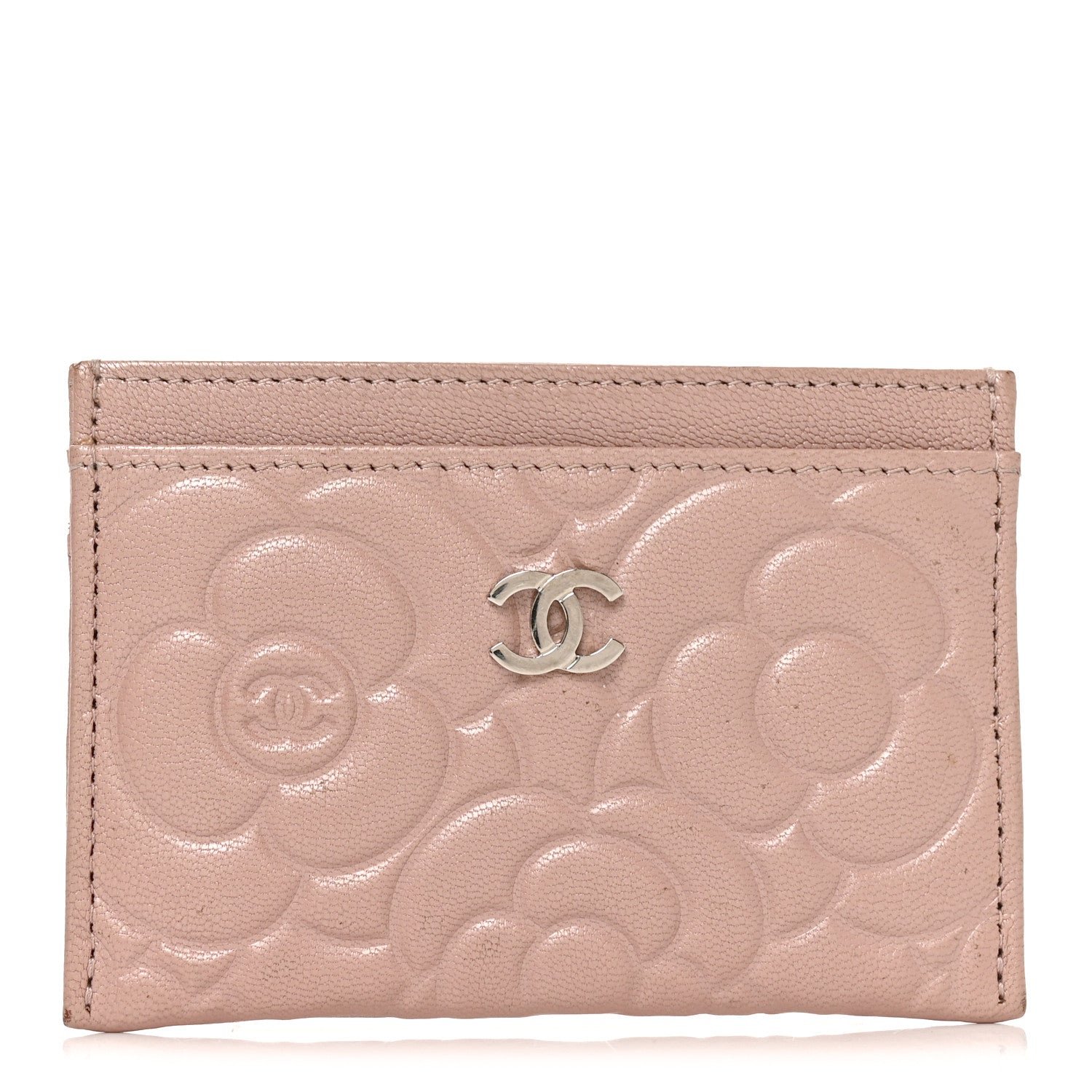 Chanel Goatskin Camellia Embossed Card Holder Light Pink