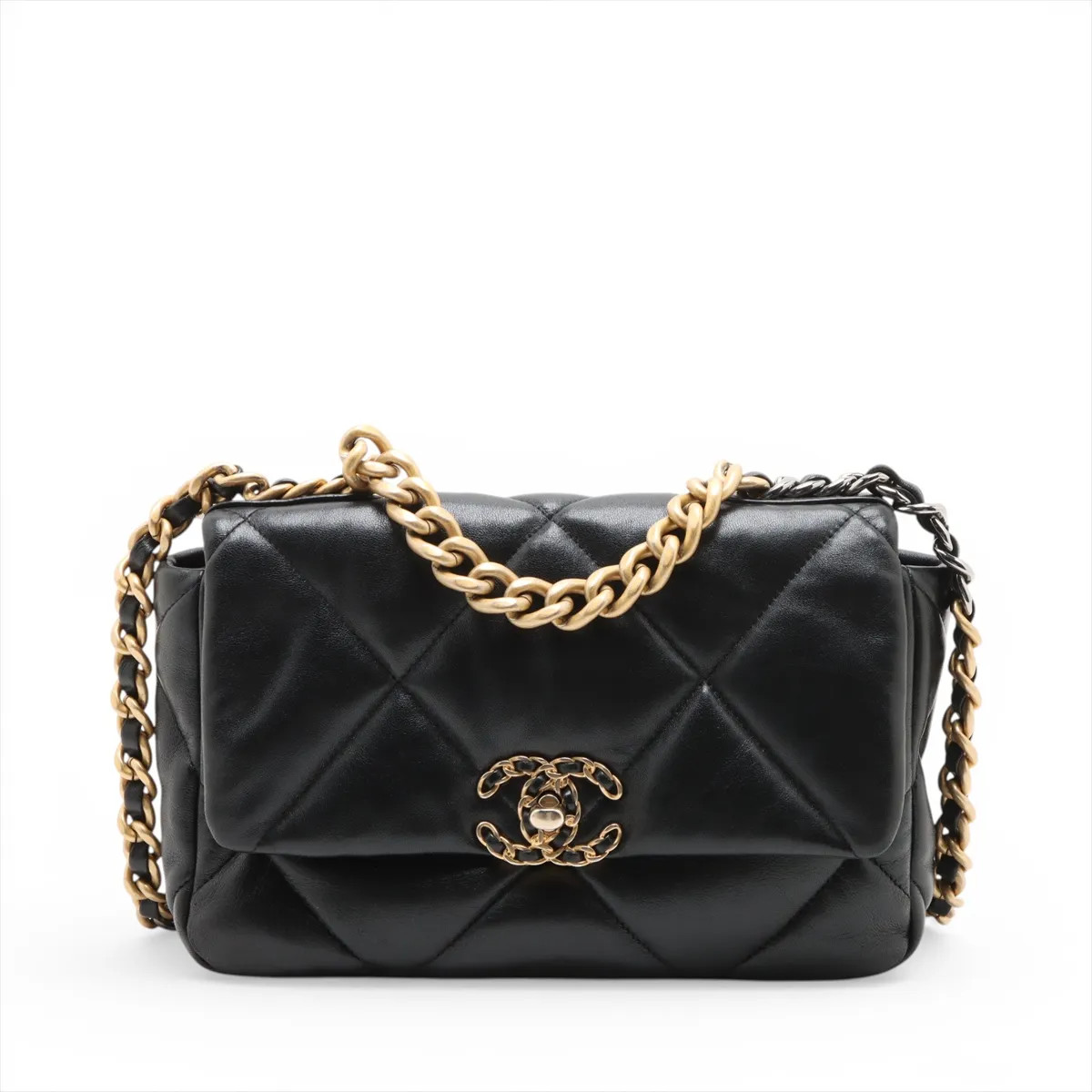 Chanel CHANEL 19 Lambskin Chain Shoulder Bag Black Gold x Silver Metal Fittings
