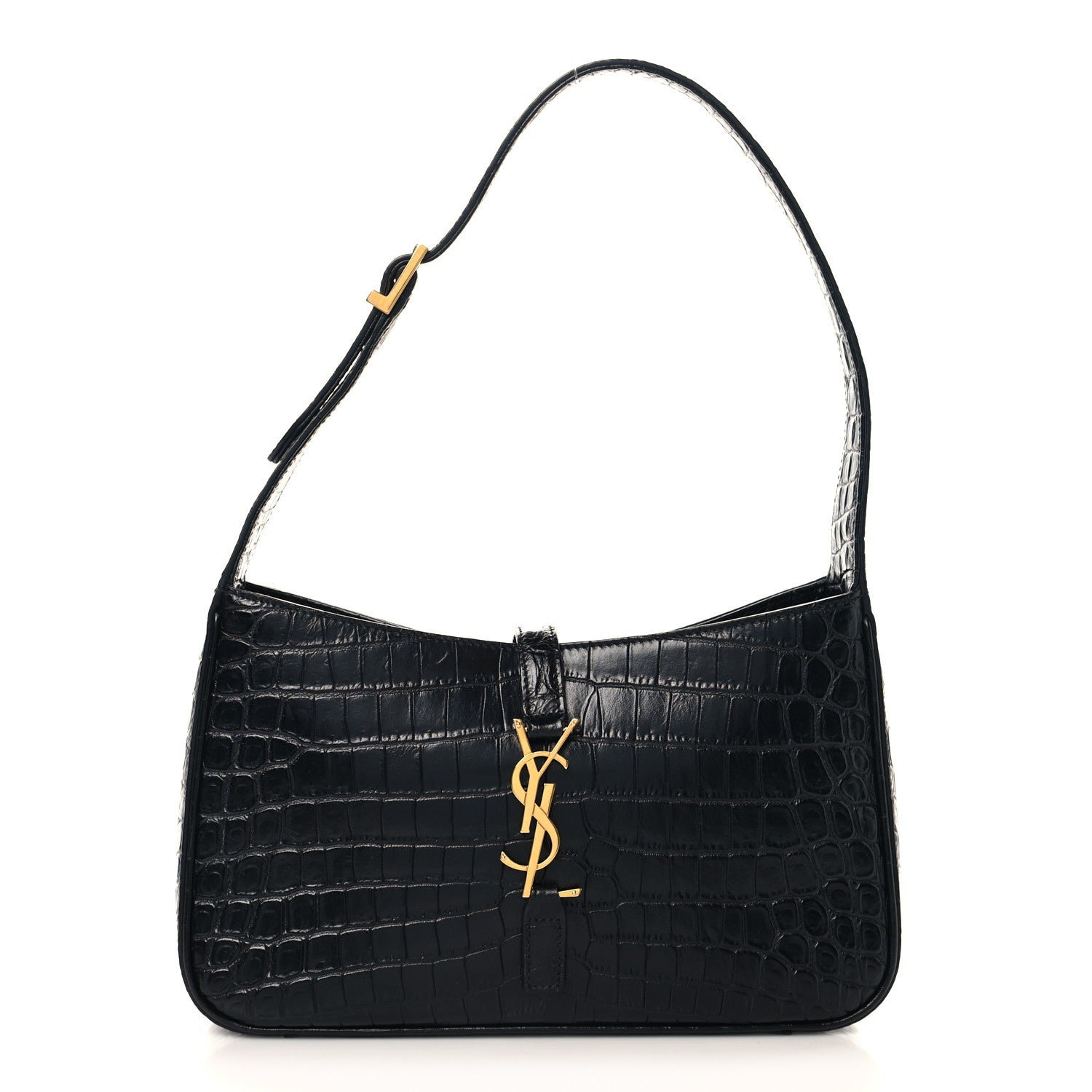 Saint Laurent Calfskin Crocodile Embossed Le 5 A 7 Hobo Black