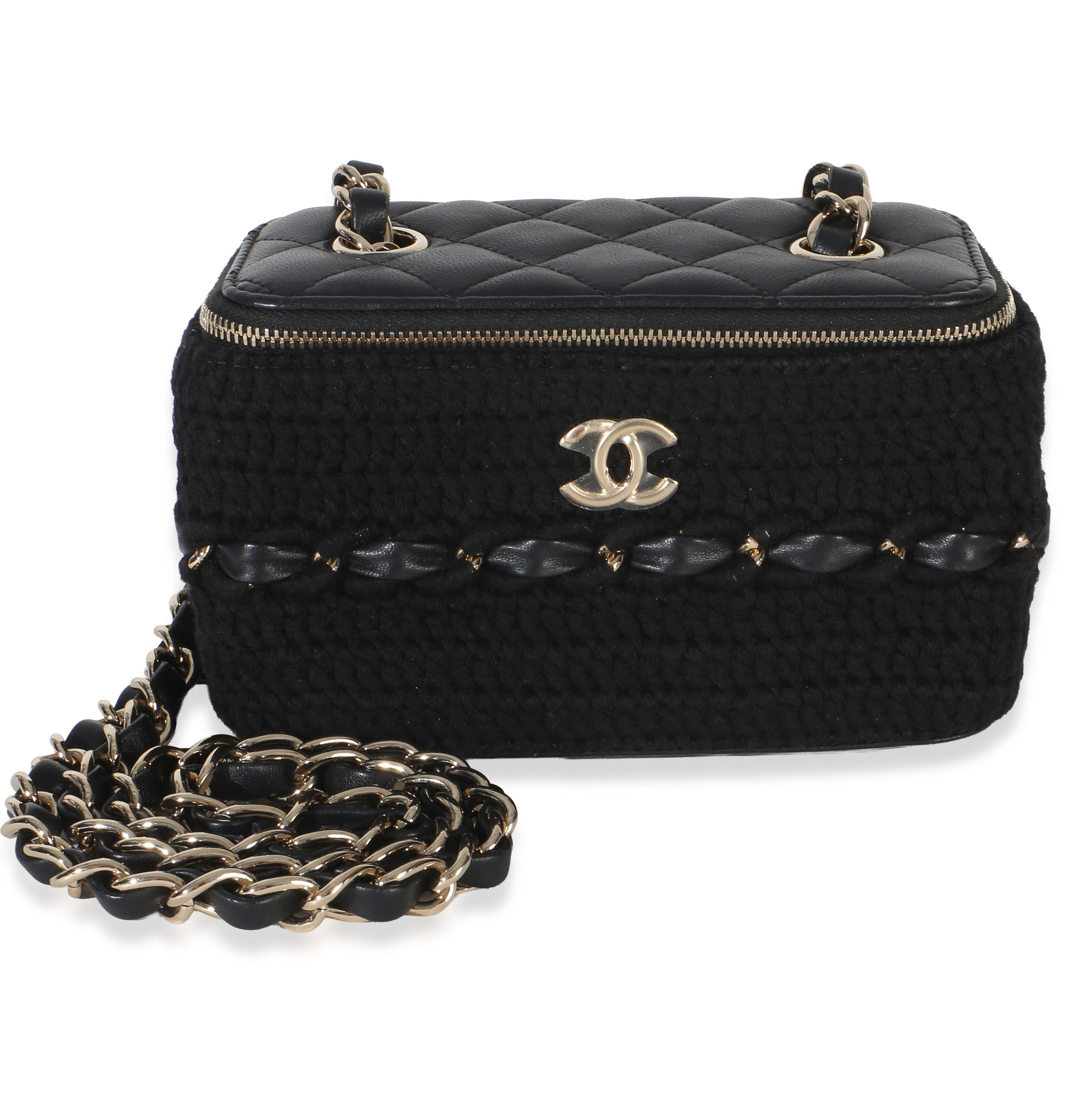 Black Quilted Lambskin Crochet Small Vanity Case With Chain