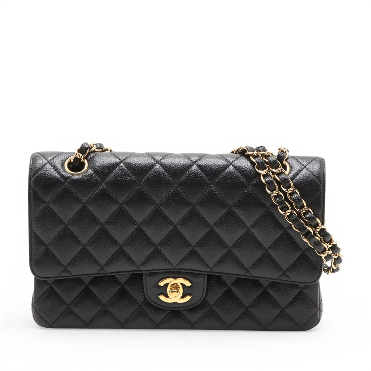 Chanel Matelasse 25 Caviar Skin Double Flap Double Chain Bag Black Gold Metal Fi
