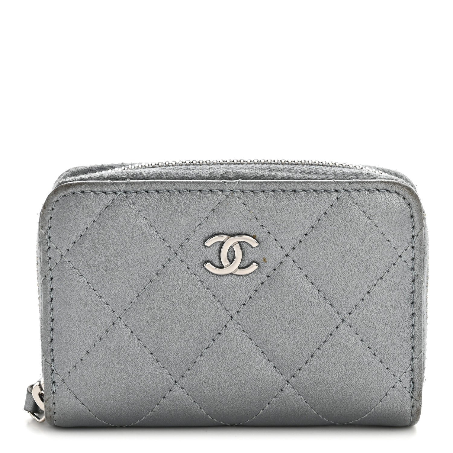 Chanel Metallic Lambskin Quilted Zip Around Coin Purse Wallet Silver